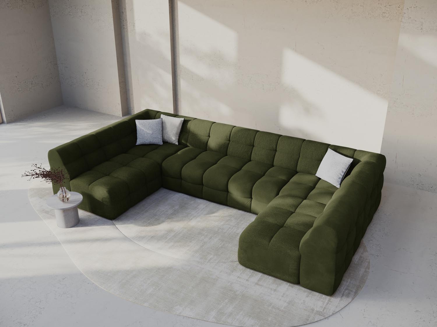 Elegantes Kendal Velour Panoramic Sofa in Army Green, 7-Sitzer, ideal für stilvolle Wohnräume, präsentiert von Micadoni.