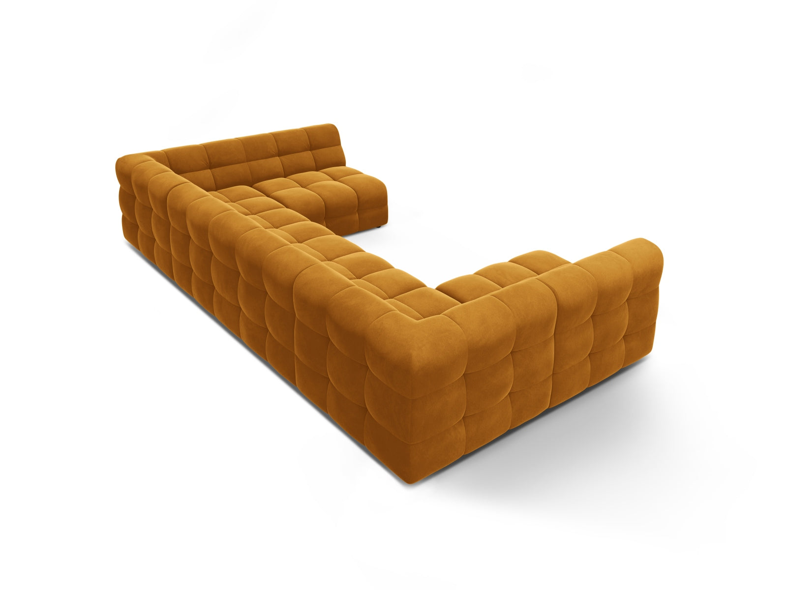 Elegantes Kendal Velour Panoramic Sofa in sanftem Senfgelb, ideal für gesellige Runden und großzügige Wohnräume. 7-Sitzer von Micadoni.