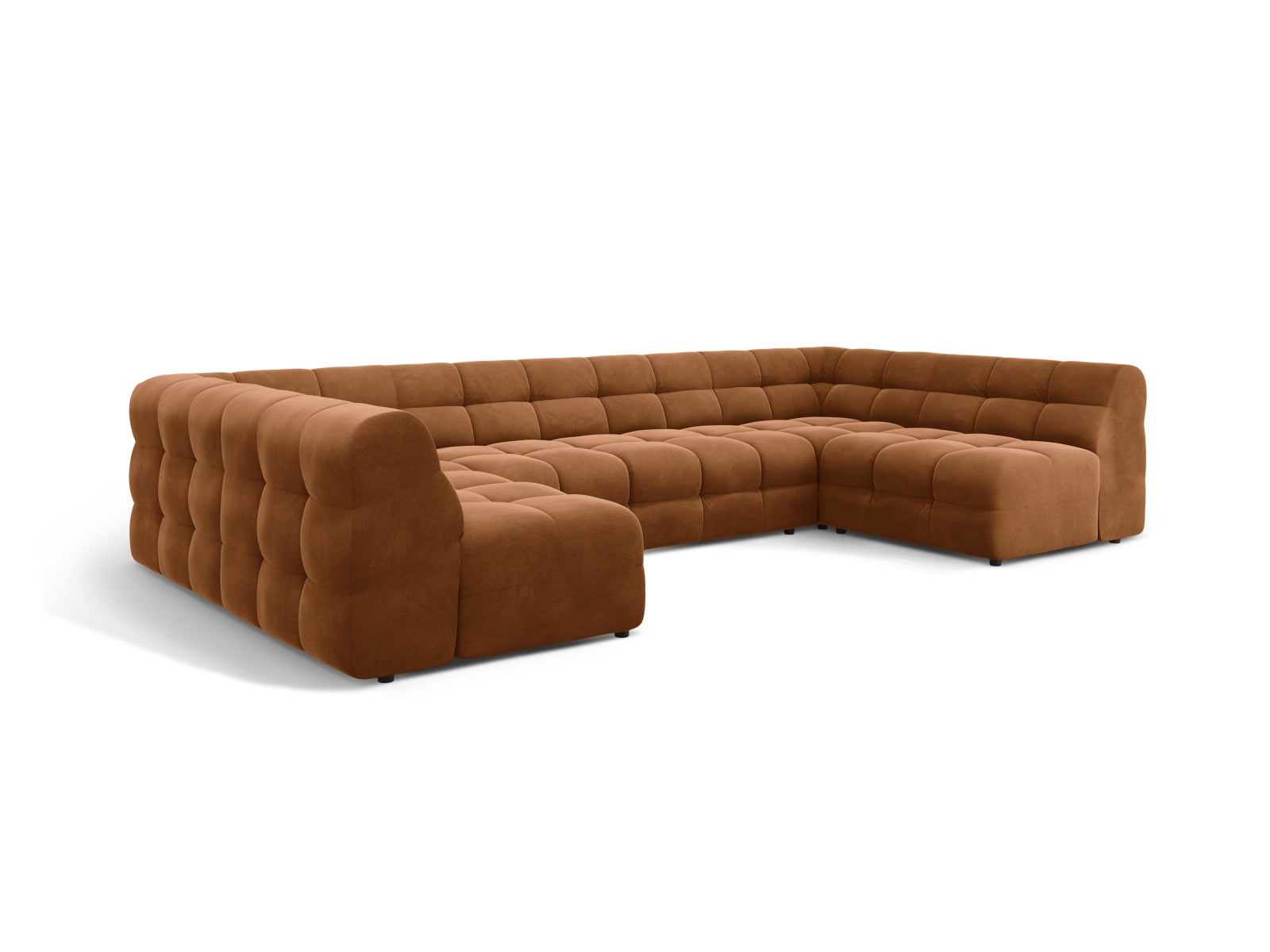 Luxuriöses Kendal Velour Panoramic Sofa in Camel, 7-Sitzer, perfekt für großzügige Wohnzimmer und gemütliche Zusammenkünfte.