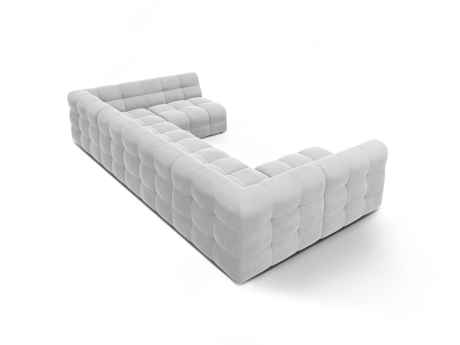 Elegantes Kendal Velour Panoramic Sofa für 7 Personen in sanftem Grau, ideal für stilvolle Wohnräume und gesellige Abende.
