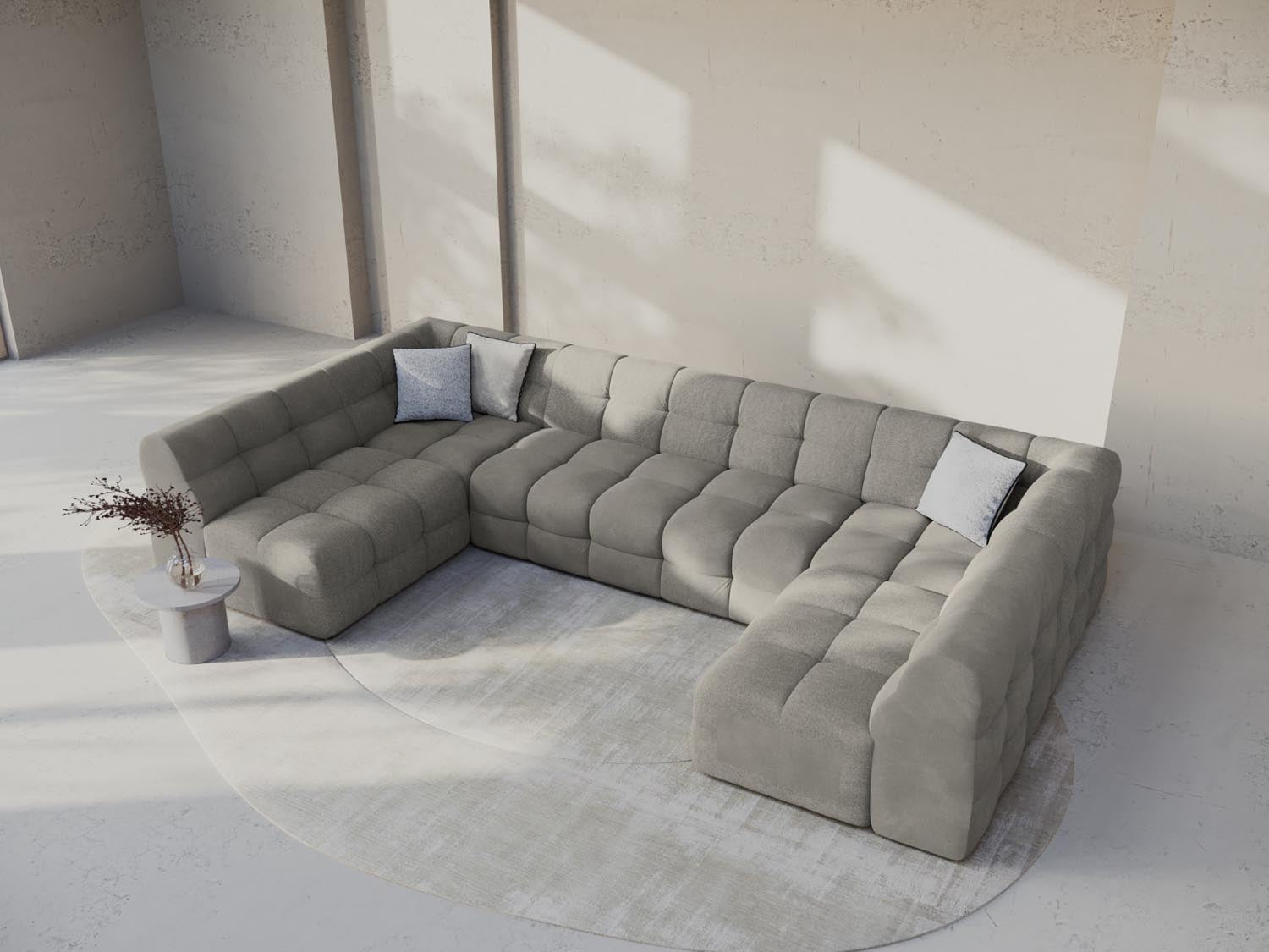 Elegantes Kendal Velour Panoramic Sofa in Dunkelgrau, ideal für stilvolle Wohnräume. 7-Sitzer von Micadoni, perfekt für gesellige Abende.