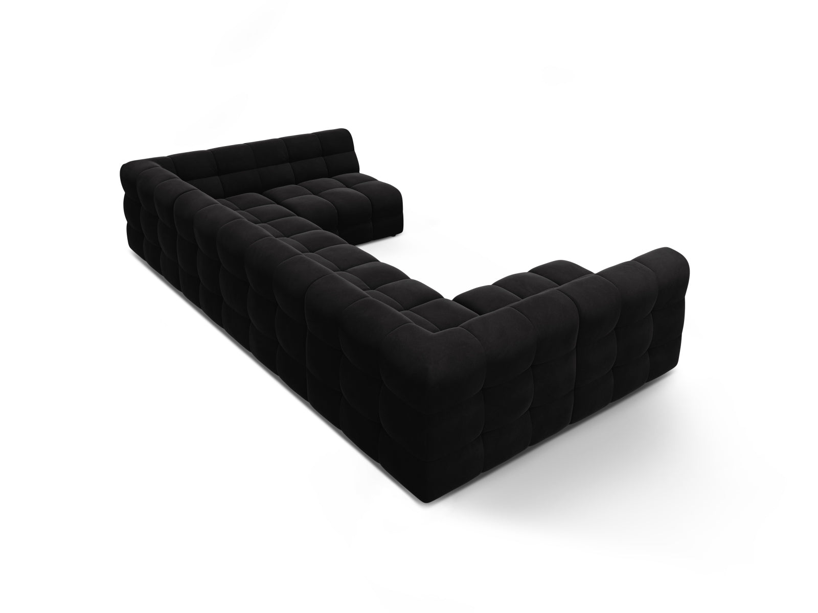 Elegantes Kendal Velour Panoramic Ecksofa für 7 Personen in zeitlosem Schwarz, ideal für gemütliche Abende und modernes Wohndesign.