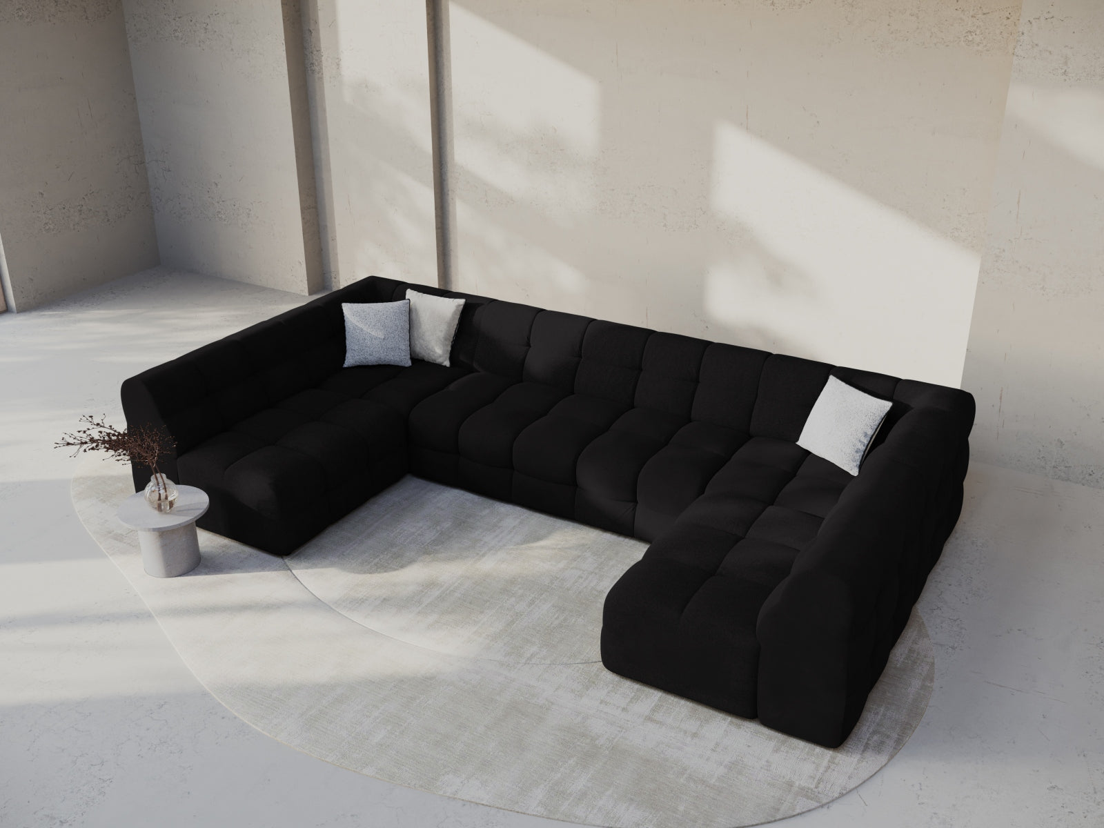 Elegantes Kendal Velour Panoramic Sofa für 7 Personen in stilvollem Schwarz, ideal für moderne Wohnräume und gemütliche Abende.