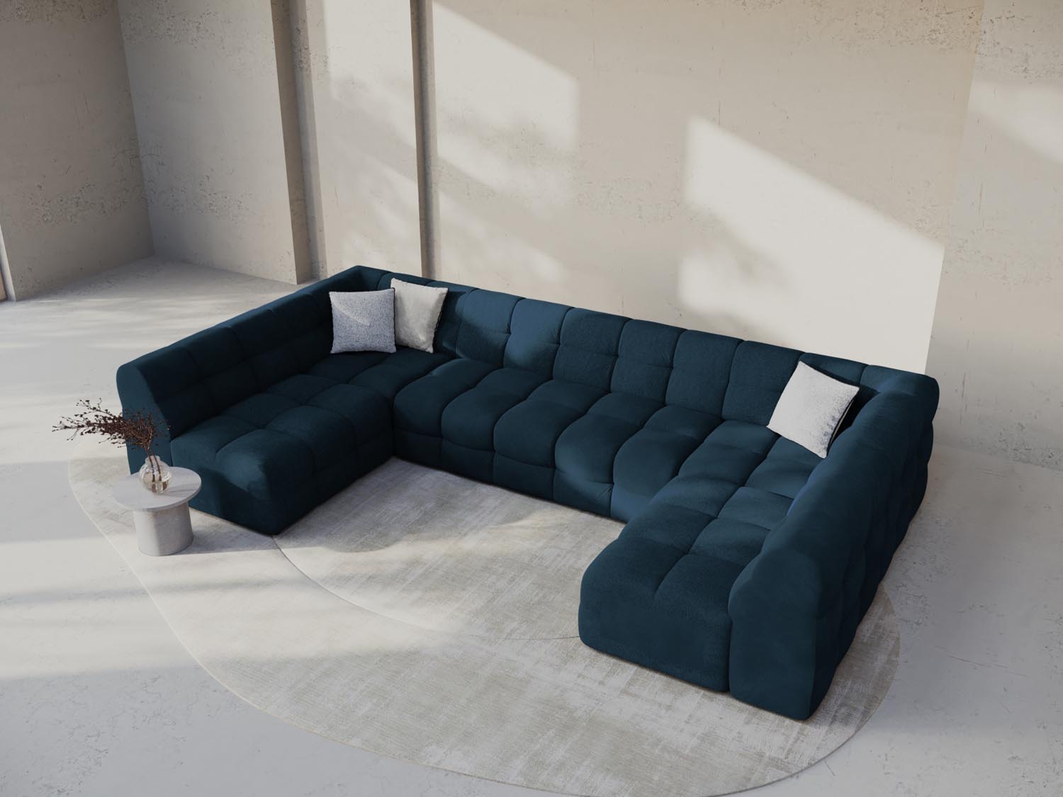 Elegantes Kendal Velour Panoramic Sofa in Navy Blue, 7-Sitzer, ideal für stilvolle Wohnräume, präsentiert von Micadoni.