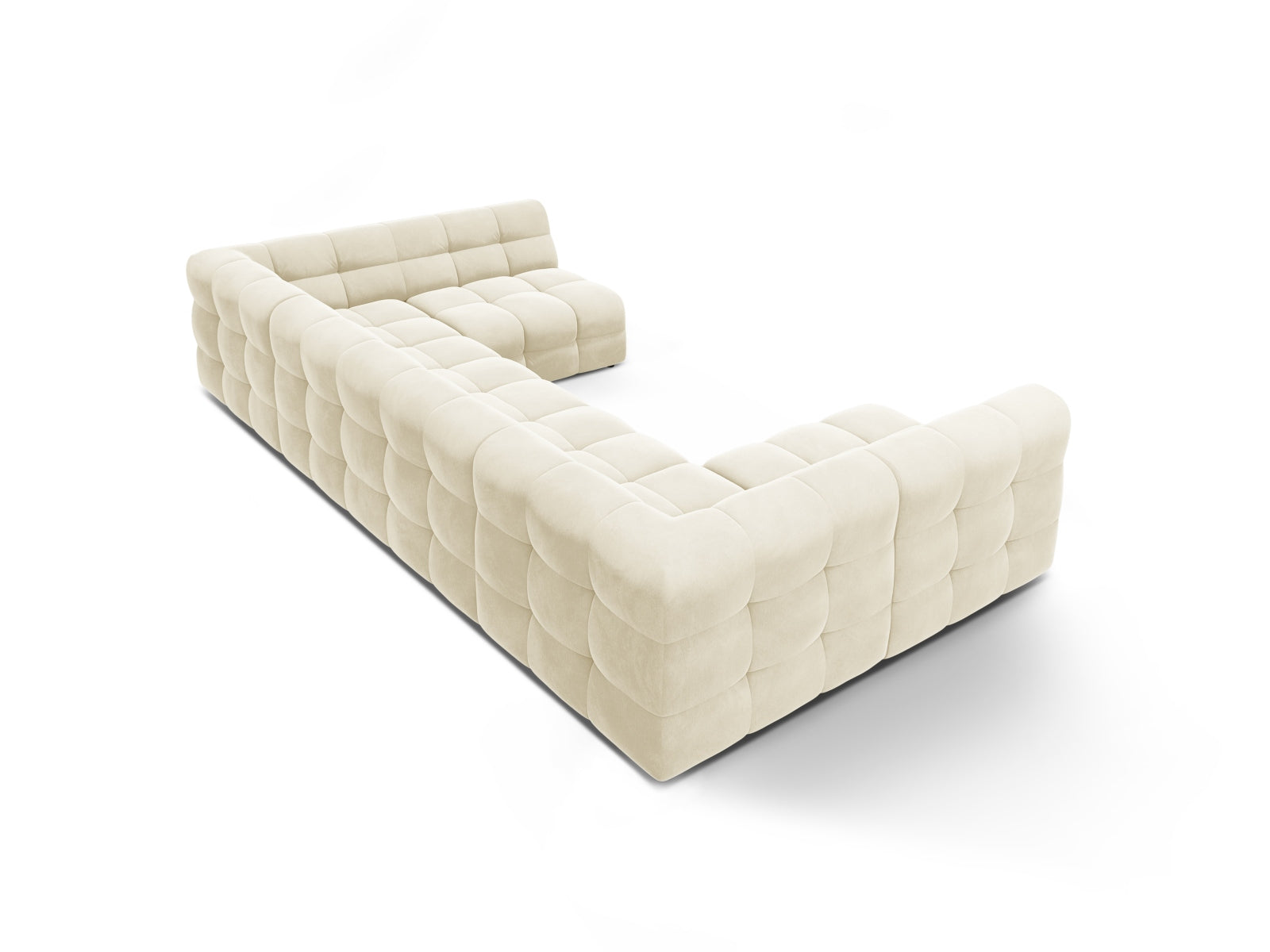 Elegantes Kendal Velour Panoramic Sofa in zartem Ivory, großzügiger 7-Sitzer für stilvolle Wohnräume und gesellige Abende.