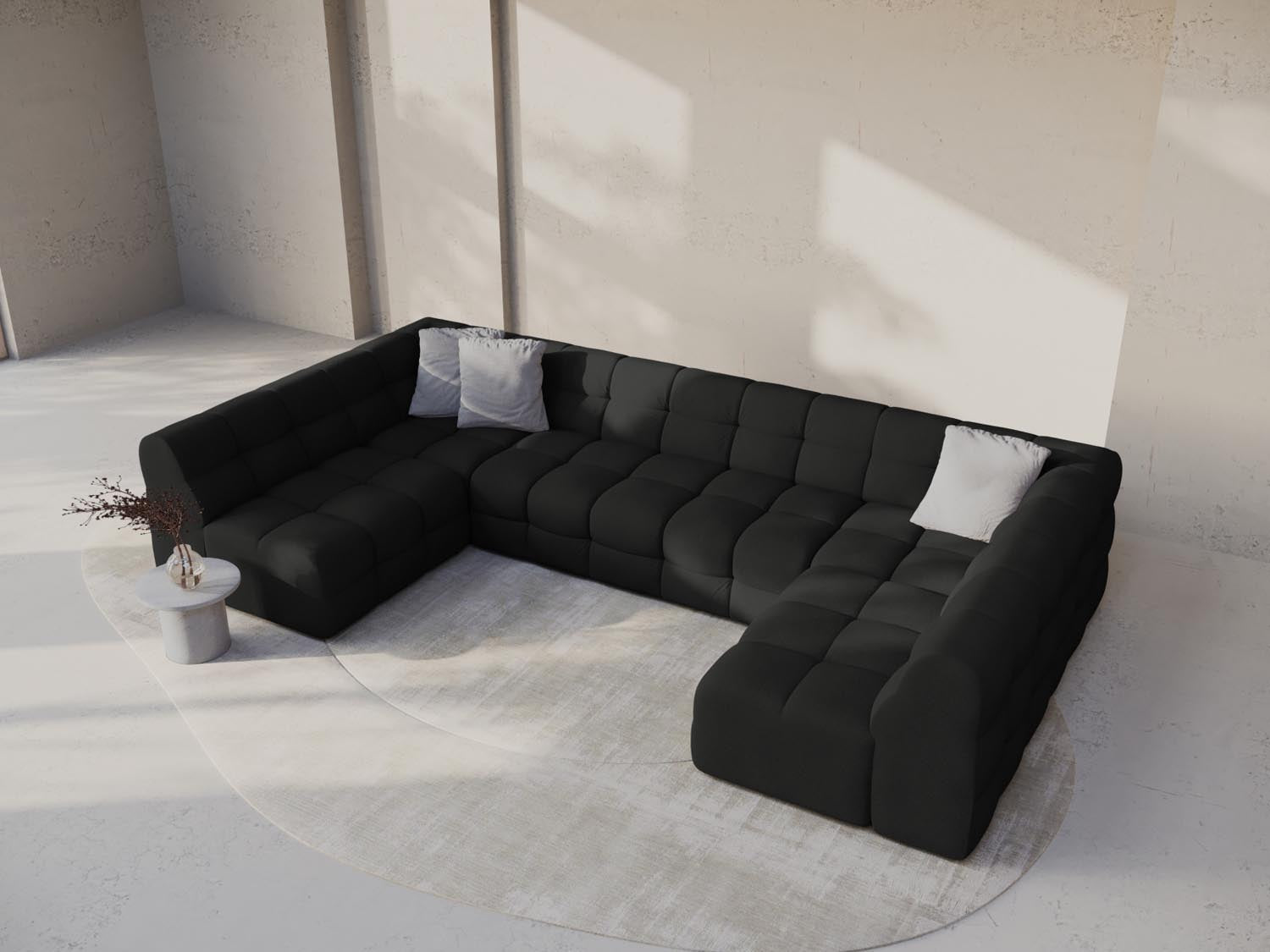 Elegantes Kendal Panoramic Ecksofa für 7 Personen in stilvollem Schwarz, ideal für moderne Wohnräume und gesellige Abende.