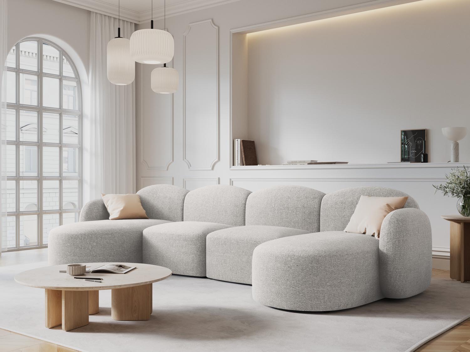 Entdecken Sie das stilvolle Blair Panoramic Sofa 6 Sitzer von Micadoni – ein luxuriöses Velours Sofa, das modernen Komfort und Eleganz vereint.