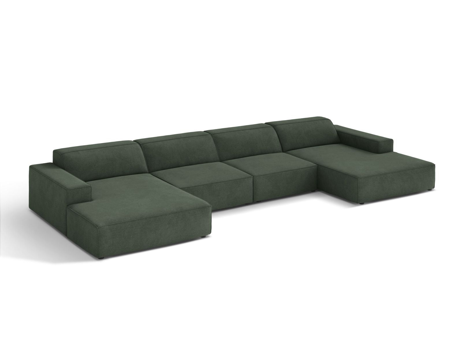 Elegantes 6-Sitzer Sofa Jodie in Moosgrün, modular und panoramisch, ideal für stilvolle Wohnräume, präsentiert von Micadoni.