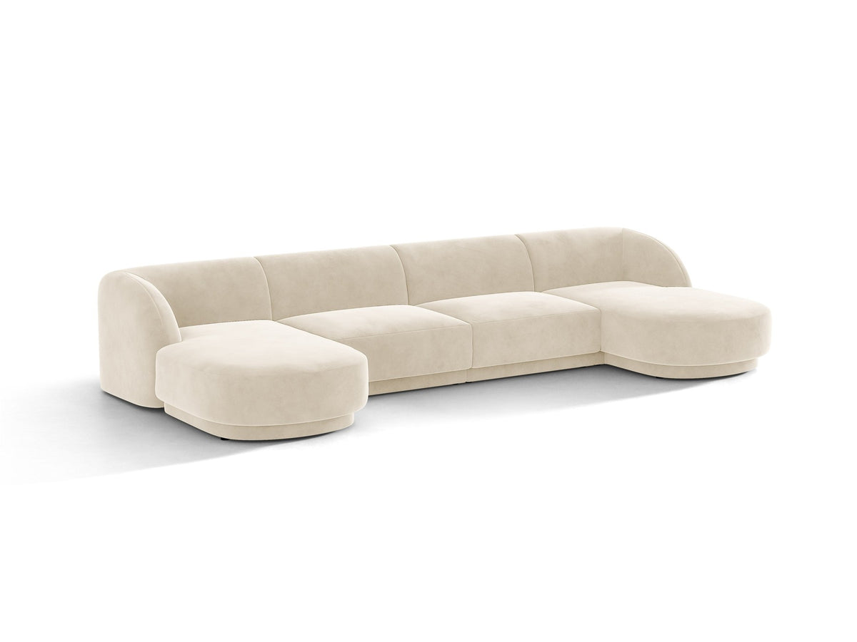 Dunkelbeiges Panorama-Ecksofa Miley von Micadoni mit Bluvel-Stoffbezug, L-Form, schwarzen Kunststoffbeinen und niedriger Rückenlehne.