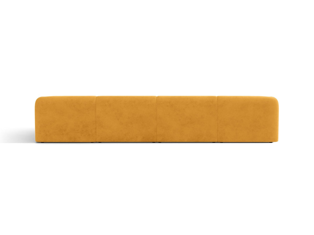 Dunkelbeiges Panorama-Ecksofa Miley von Micadoni mit Bluvel-Stoffbezug, L-Form, schwarzen Kunststoffbeinen und niedriger Rückenlehne.