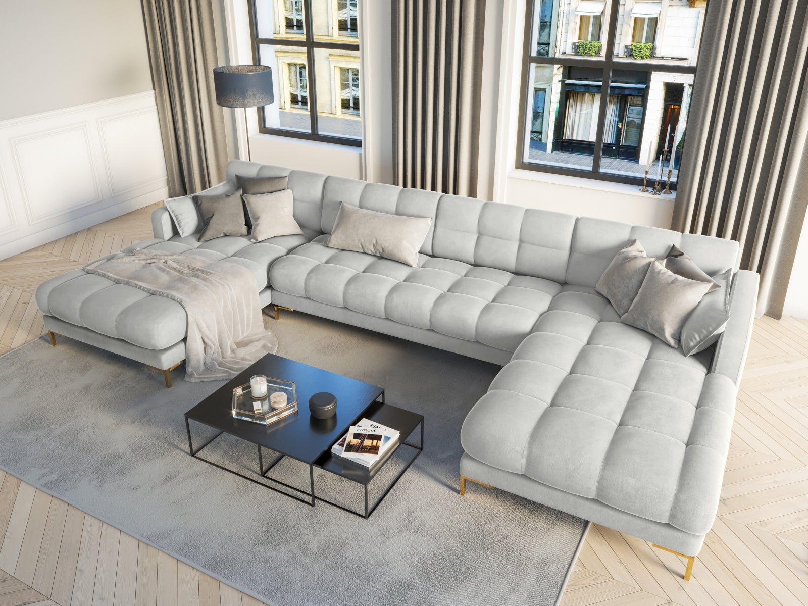 Entdecken Sie das stilvolle Mamaia Velour Panoramic Sofa 6 Sitzer von Micadoni – der perfekte Mittelpunkt für Ihr modernes Wohnzimmer!