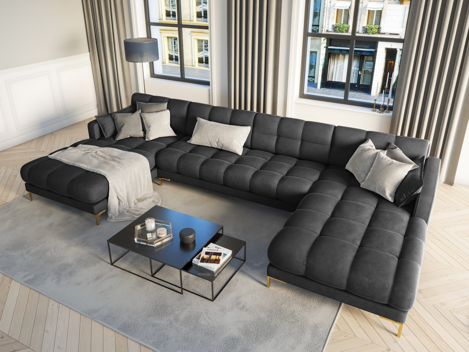 Entdecken Sie das stilvolle Mamaia Velour Panoramic Sofa 6 Sitzer von Micadoni – der perfekte Mittelpunkt für Ihr modernes Wohnzimmer!