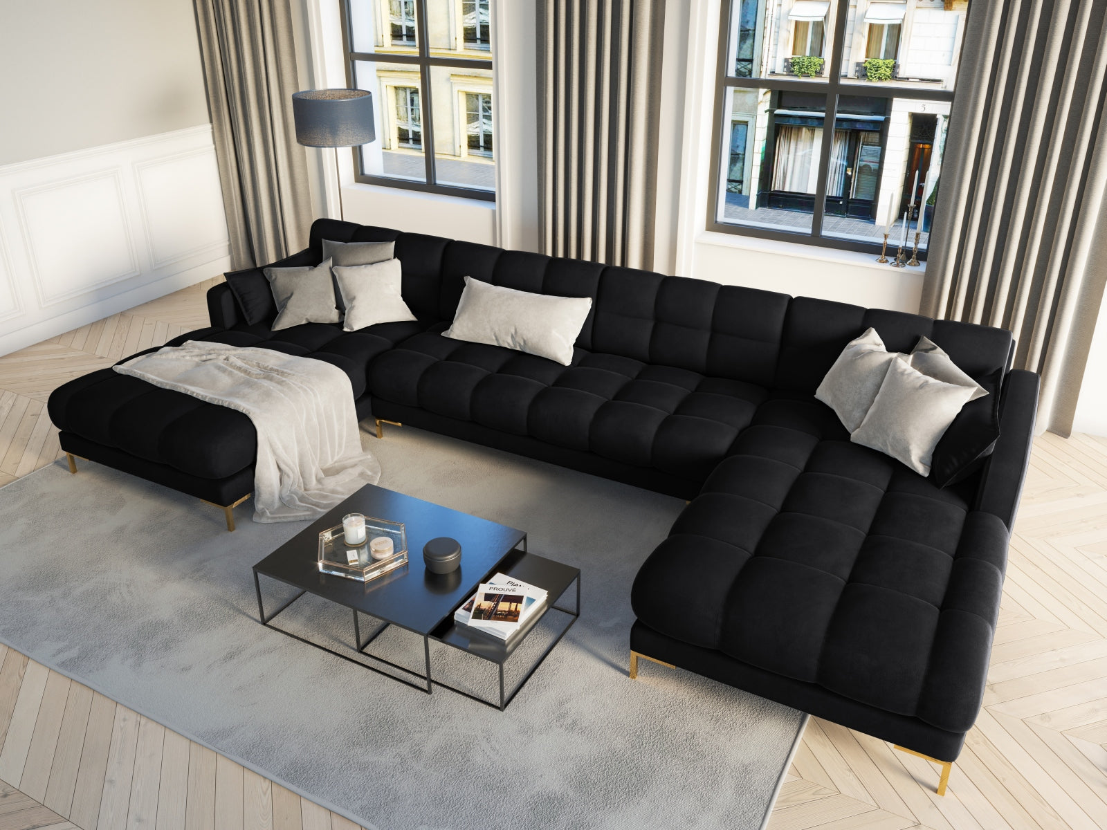 Entdecken Sie das stilvolle Mamaia Velour Panoramic Sofa 6 Sitzer von Micadoni – der perfekte Mittelpunkt für Ihr modernes Wohnzimmer!