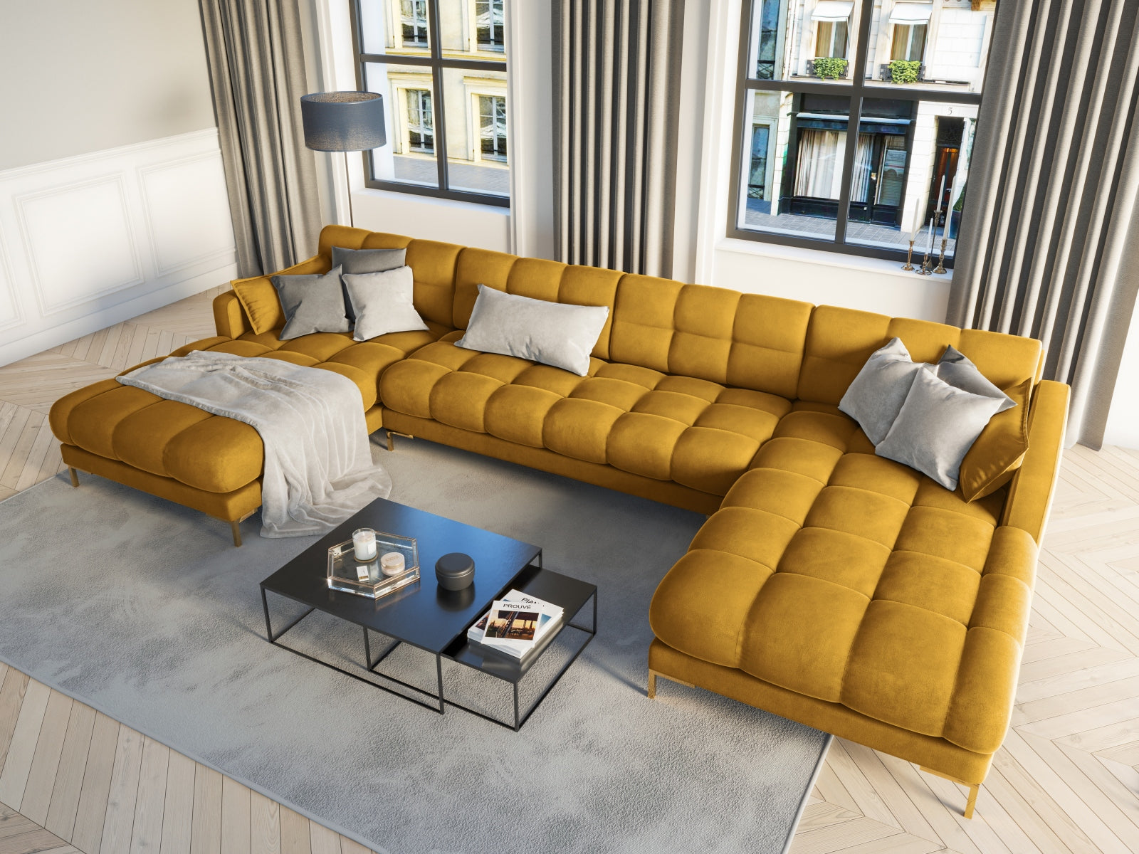 Entdecken Sie das stilvolle Mamaia Velour Panoramic Sofa 6 Sitzer von Micadoni – der perfekte Mittelpunkt für Ihr modernes Wohnzimmer!