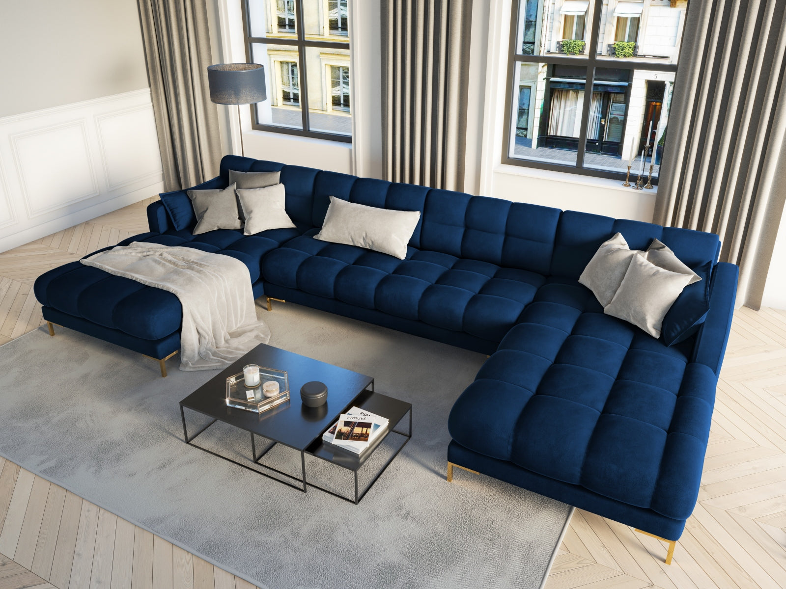 Entdecken Sie das stilvolle Mamaia Velour Panoramic Sofa für 6 Personen von Micadoni – der perfekte Blickfang für Ihr modernes Wohnzimmer!