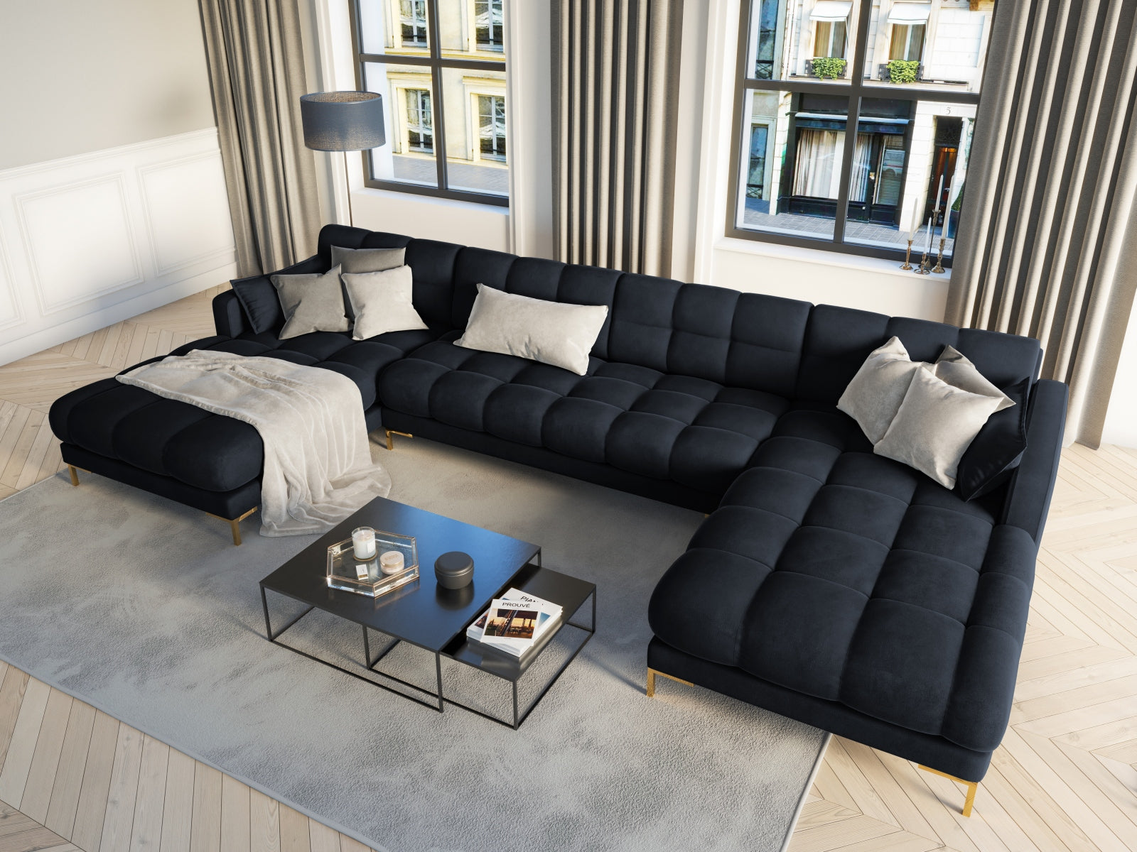 Entdecken Sie das stilvolle Mamaia Velour Panoramic Sofa 6 Sitzer von Micadoni – luxuriös, komfortabel und perfekt für Ihr Zuhause.