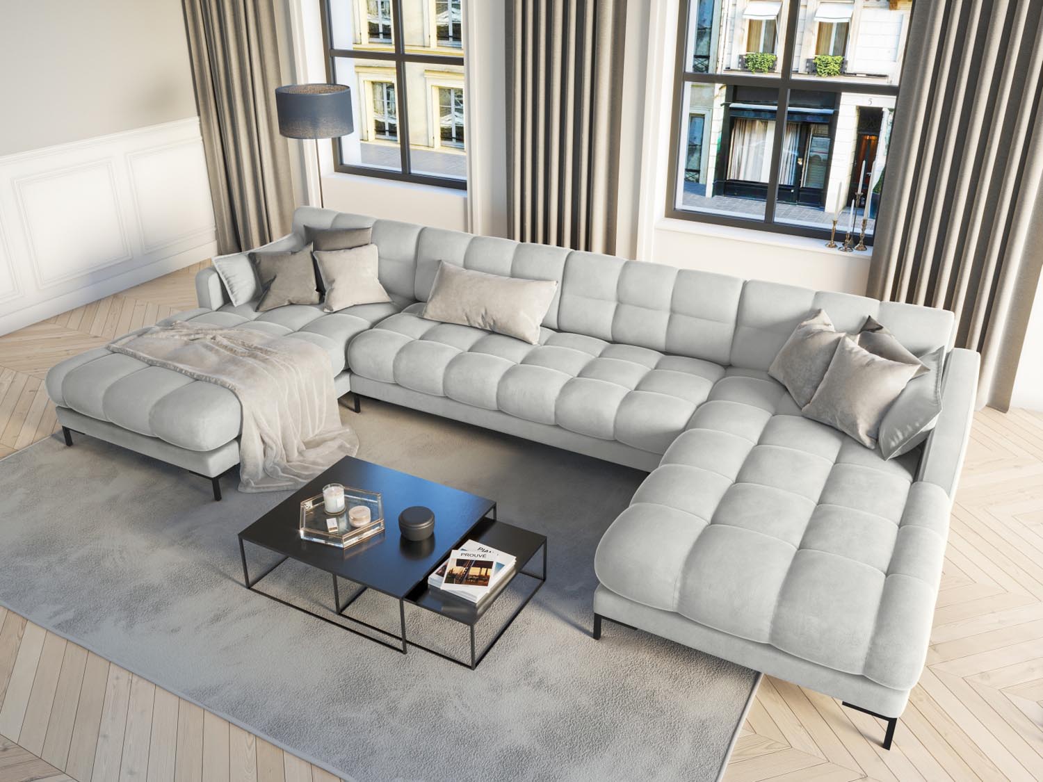 Elegantes Mamaia Velour Panoramic Sofa für 6 Personen in stilvollem Silber und Schwarz-Bluvel, ideal für moderne Wohnräume.