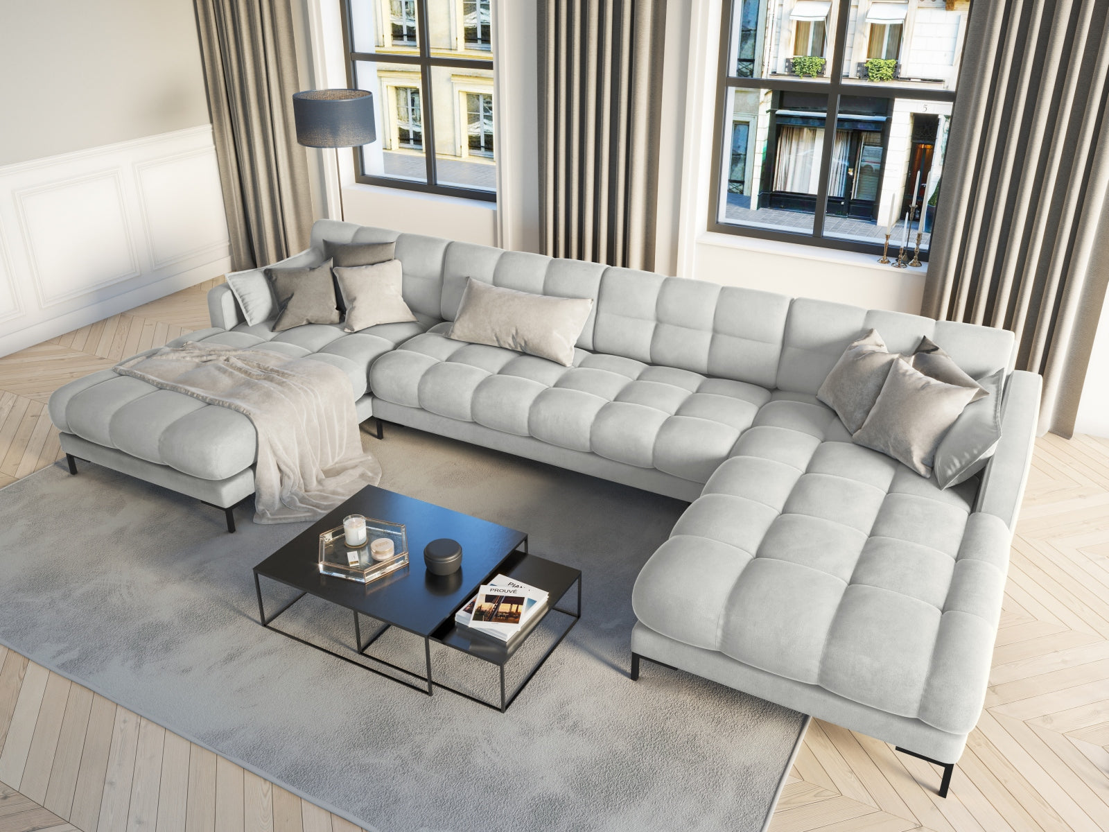 Entdecken Sie das stilvolle Mamaia Velour Panoramic Sofa 6 Sitzer von Micadoni – der perfekte Mittelpunkt für Ihr modernes Wohnzimmer!
