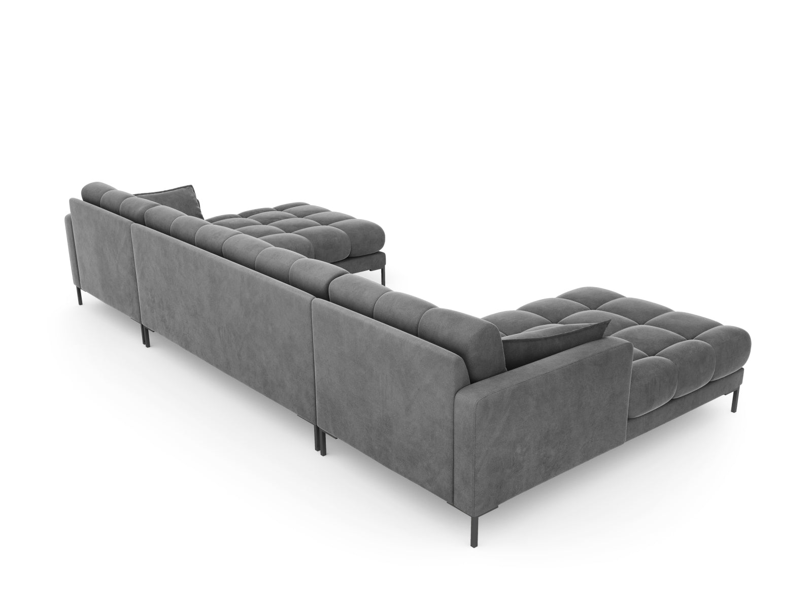 Stilvolles 6-Sitzer Velours Sofa Mamaia mit modernem Panoramadesign in eleganten Grautönen, perfekt für gemütliche Zusammenkünfte.