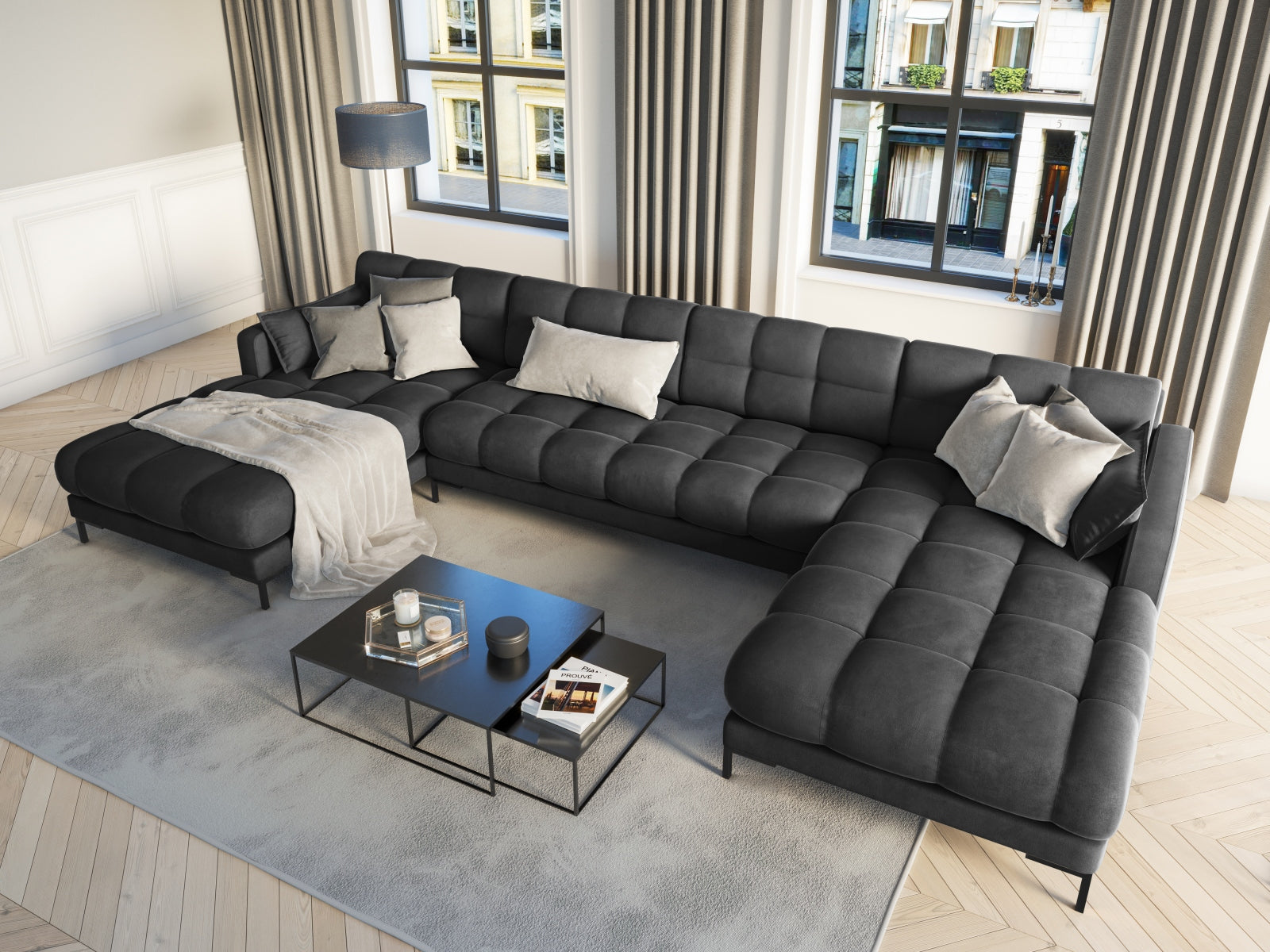 Entdecken Sie das stilvolle Mamaia Velour Panoramic Sofa 6 Sitzer von Micadoni – der perfekte Mittelpunkt für Ihr modernes Wohnzimmer!