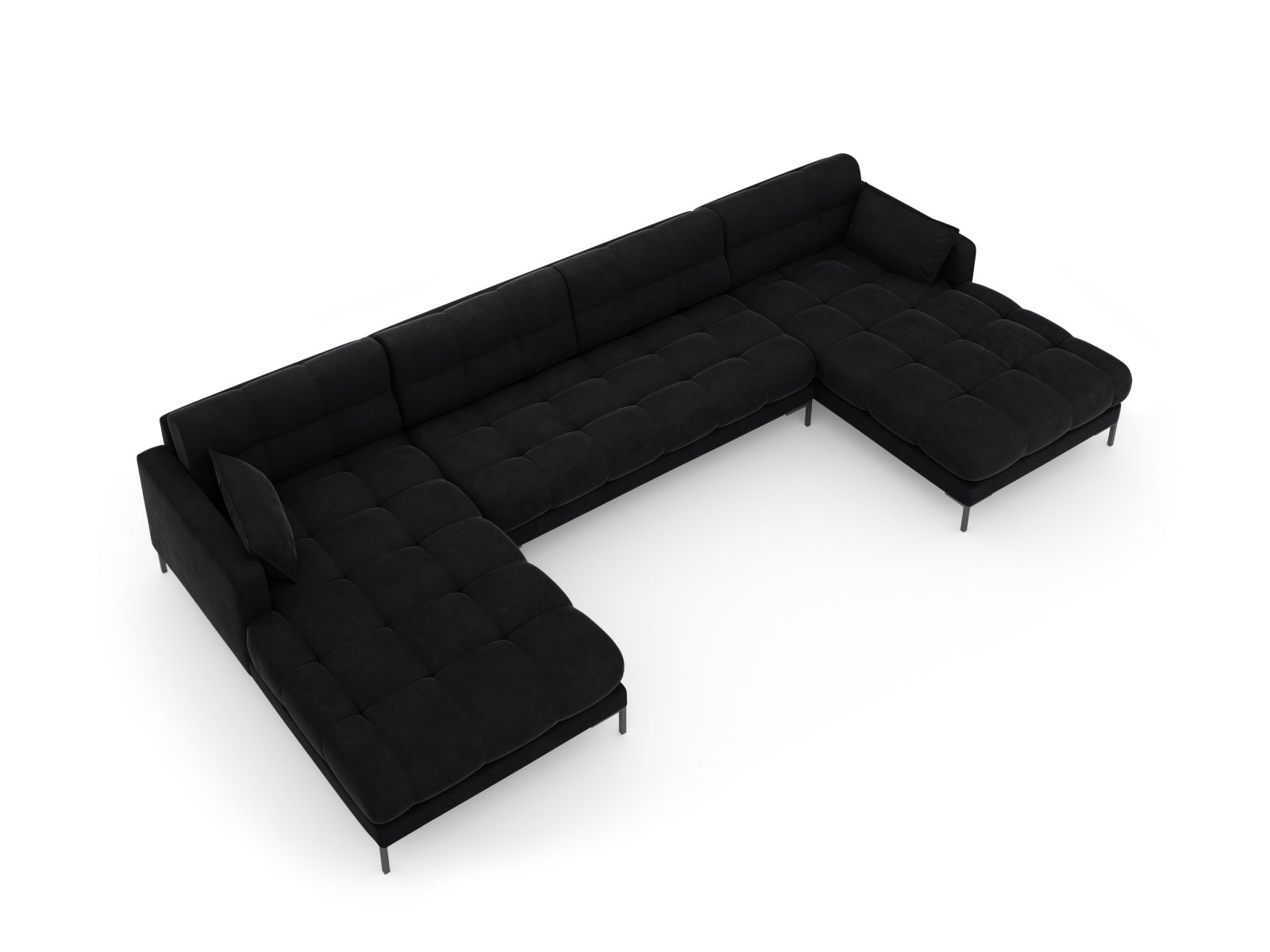 Elegantes 6-Sitzer Sofa Mamaia aus Velours in Schwarz, ideal für gemütliche Abende und gesellige Zusammenkünfte im Wohnbereich.