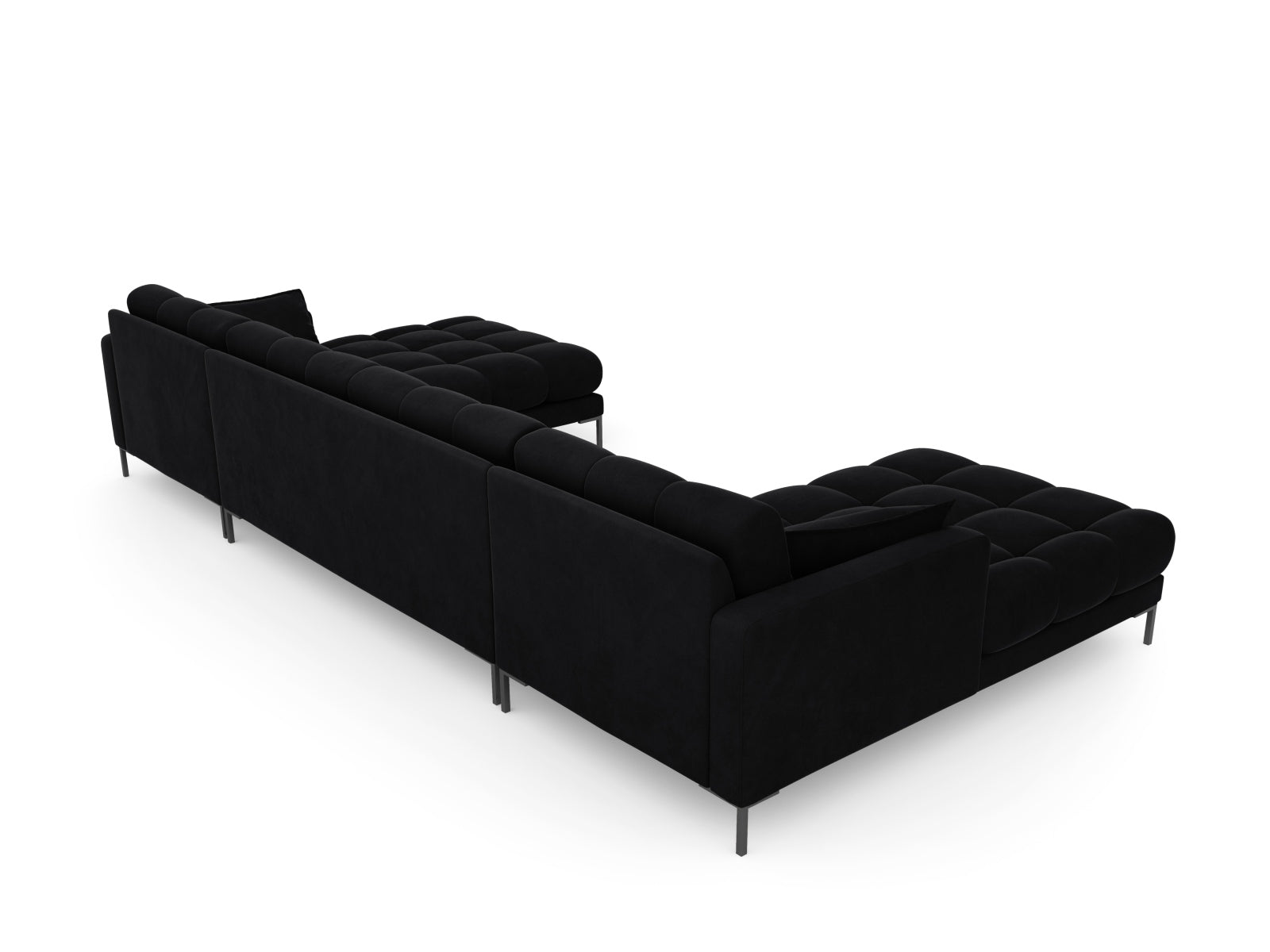 Stilvolles 6-Sitzer Velours Sofa Mamaia in edlem Schwarz, perfekt für entspannte Stunden und gesellige Runden im Wohnzimmer.