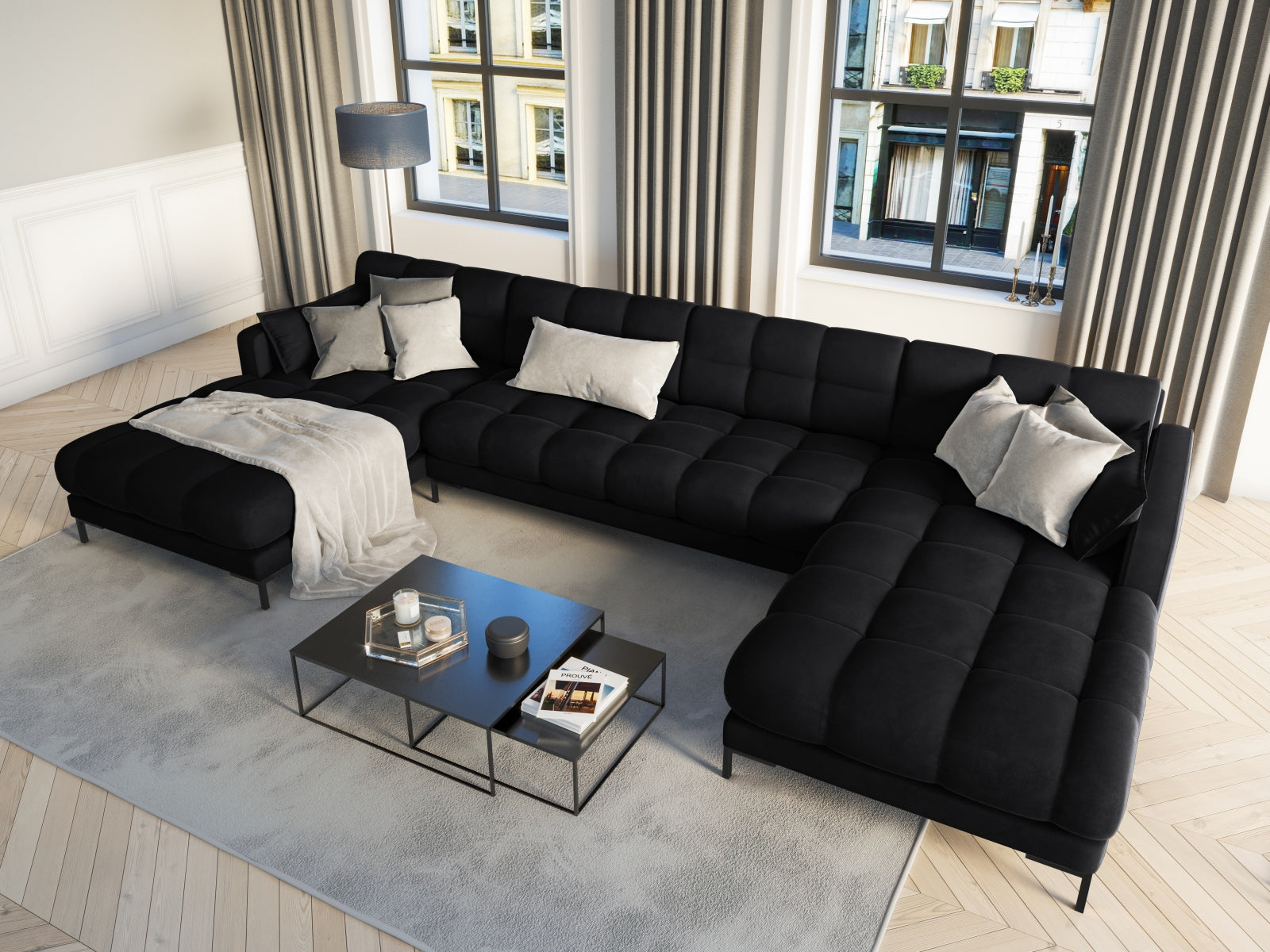 Entdecken Sie das stilvolle Mamaia Velour Panoramic Sofa für 6 Personen von Micadoni – der perfekte Blickfang für Ihr modernes Wohnzimmer!