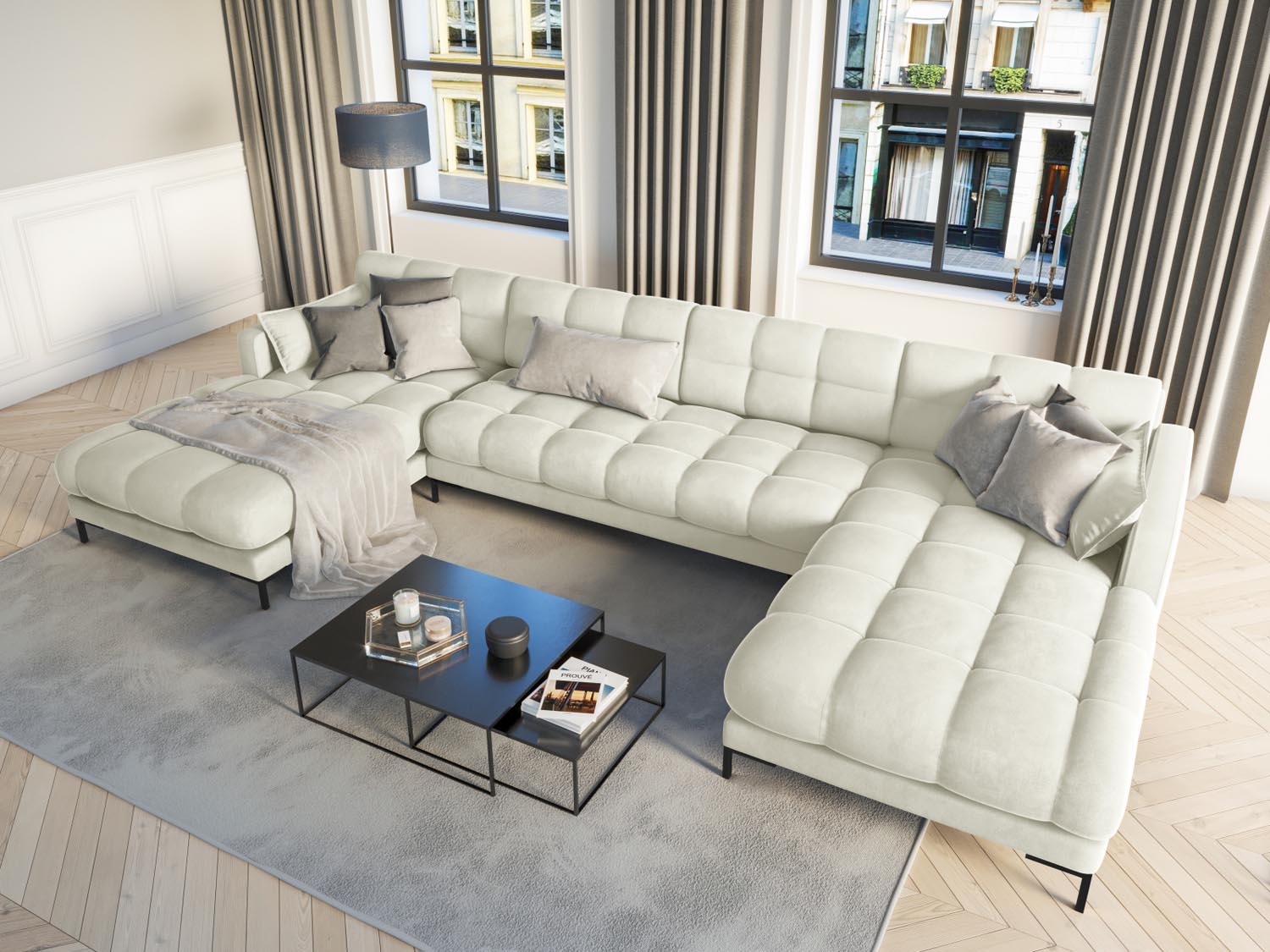 Elegantes Mamaia Velour Panoramic Sofa für 6 Personen in sanften Beige- und Schwarz-Tönen, ideal für stilvolle Wohnräume.