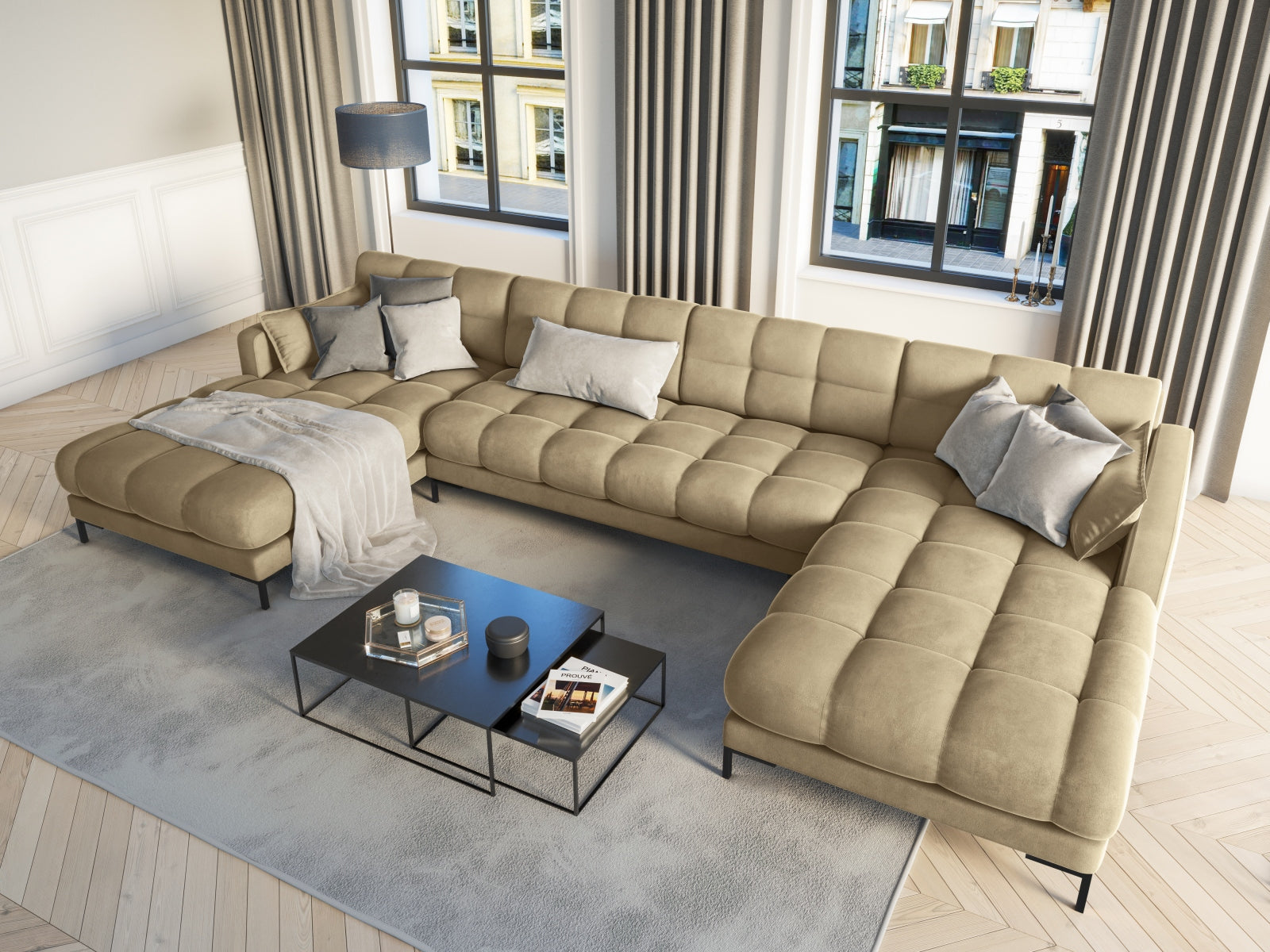 Entdecken Sie das stilvolle Mamaia Velour Panoramic Sofa 6 Sitzer von Micadoni – der perfekte Mittelpunkt für Ihr modernes Wohnzimmer!
