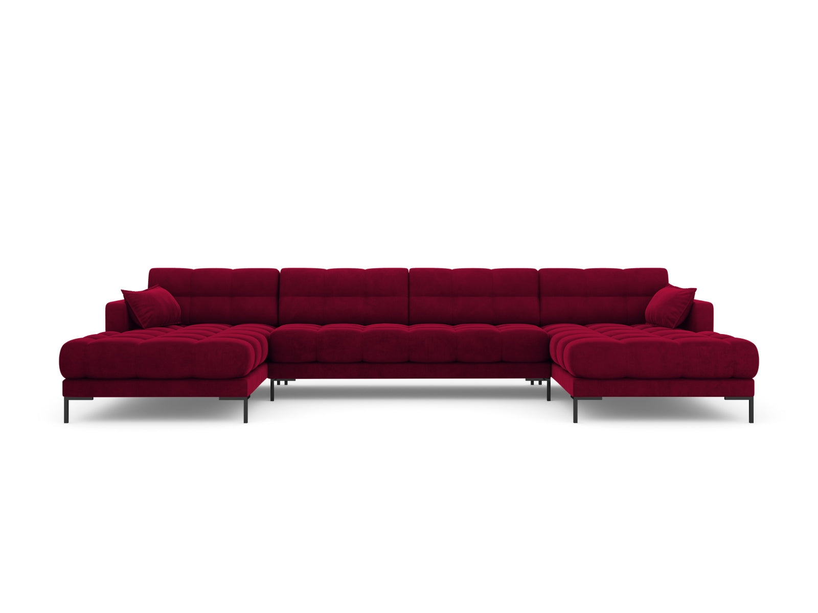 Stilvolles 6-Sitzer Mamaia Velour Panoramic Sofa in edlem Rot und Schwarz, perfekt für ein modernes Ambiente und gesellige Abende.