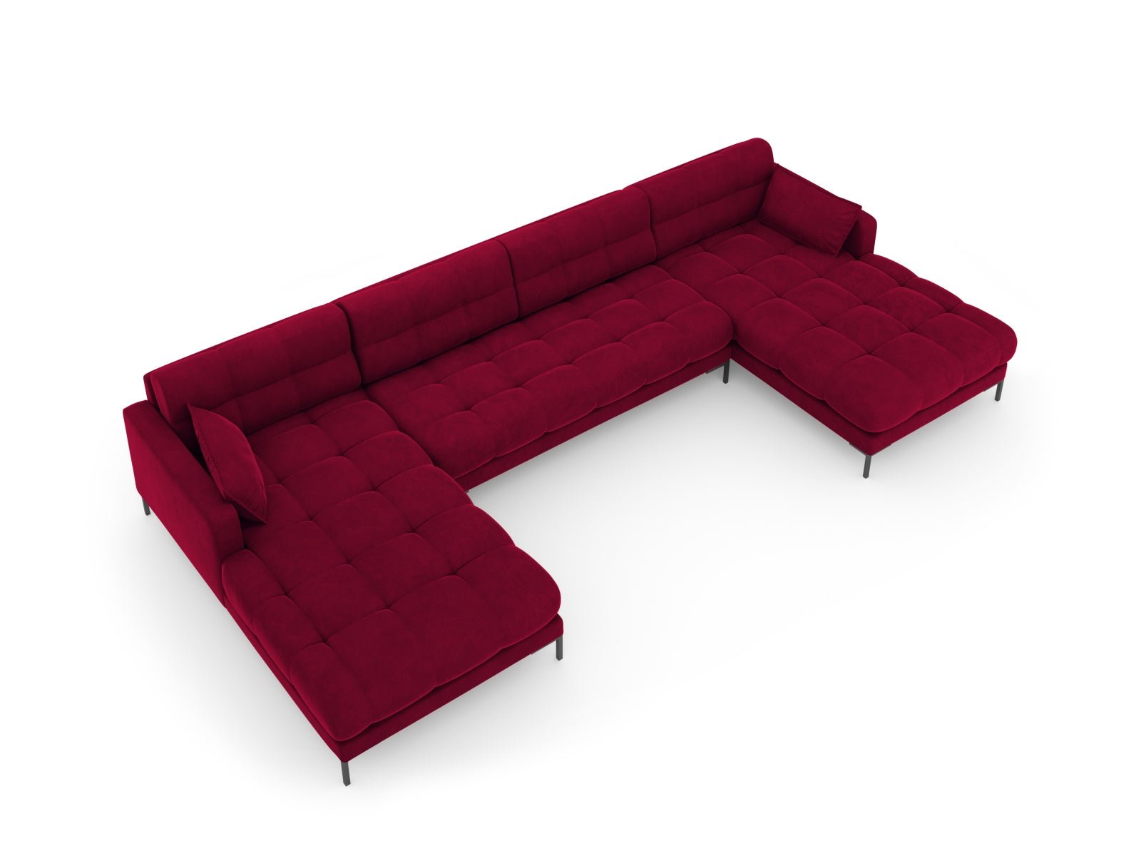 Elegantes 6-Sitzer Sofa Mamaia aus Velours in Rot und Schwarz, ideal für stilvolle Wohnräume und gemütliche Zusammenkünfte.