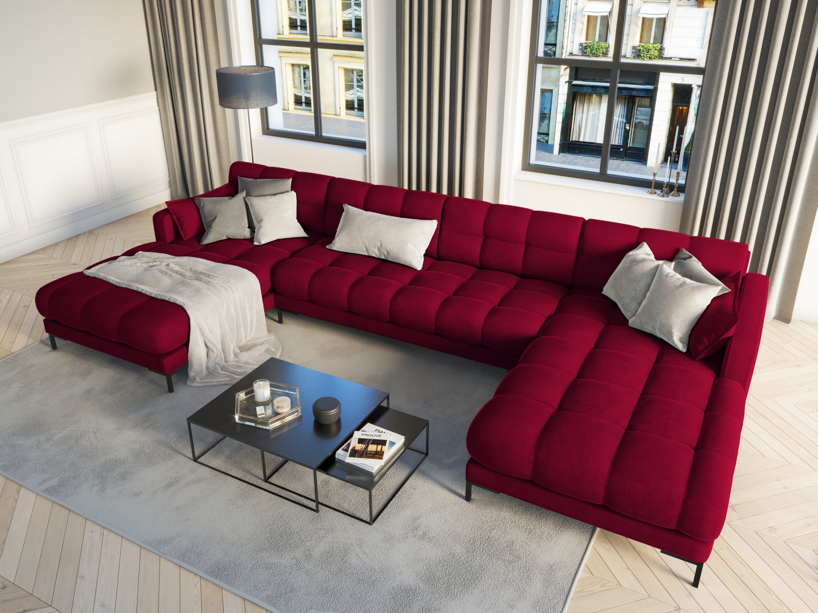 Entdecken Sie das stilvolle Mamaia Velour Panoramic Sofa 6 Sitzer von Micadoni – der perfekte Mittelpunkt für Ihr modernes Wohnzimmer!