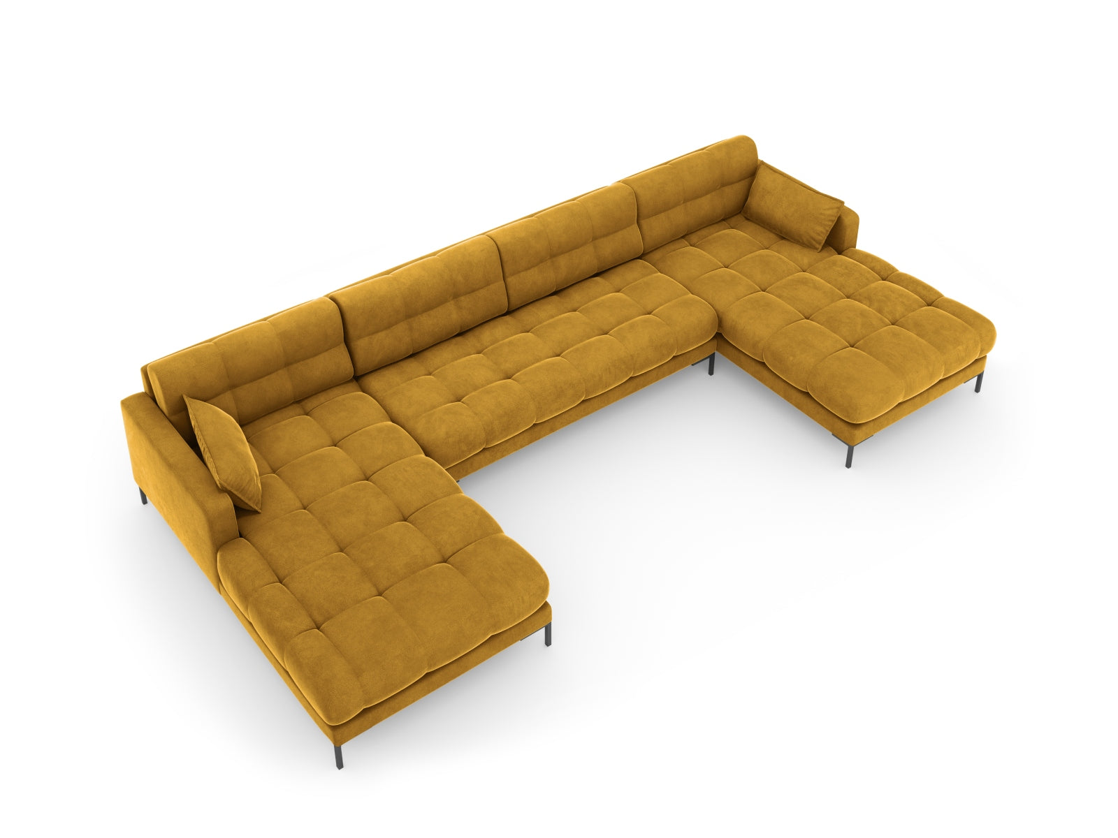 Elegantes 6-Sitzer Sofa Mamaia in luxuriösem Velours, kombiniert Gelb und Schwarz für ein modernes Wohnambiente.