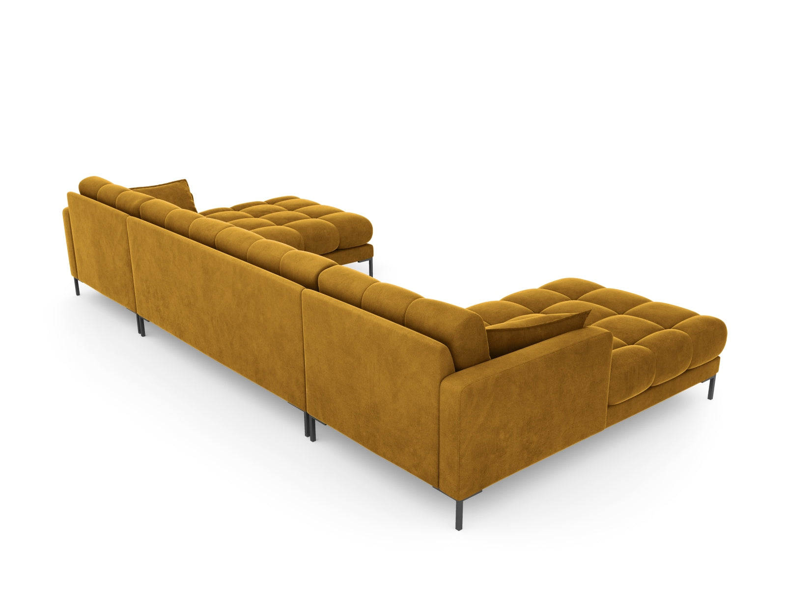 Stilvolles 6-Sitzer Sofa Mamaia aus weichem Velours in einer ansprechenden Gelb-Schwarz-Kombination, ideal für zeitgemäße Wohnräume.