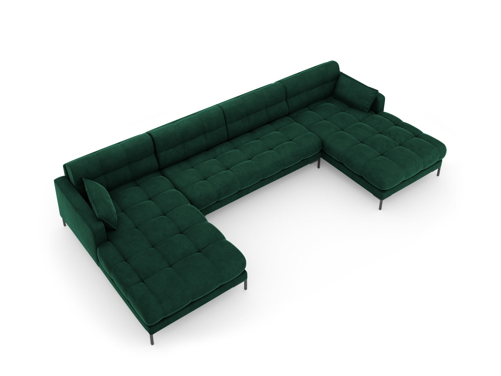 Elegantes 6-Sitzer Velours Sofa Mamaia in luxuriösem Flaschengrün und Schwarz-Bluvel, ideal für moderne Wohnräume und gesellige Abende.