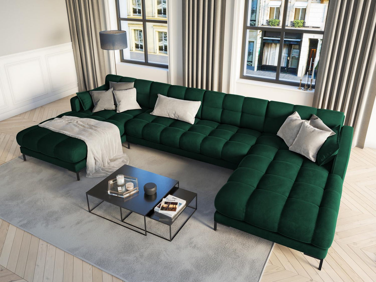 Mamaia Velour Panoramic Sofa 6 Sitzer in Bottle Green/Schwarz-Bluvel präsentiert im Onlineshop von KAQTU Design AG. 3er Sofa ist von Micadoni