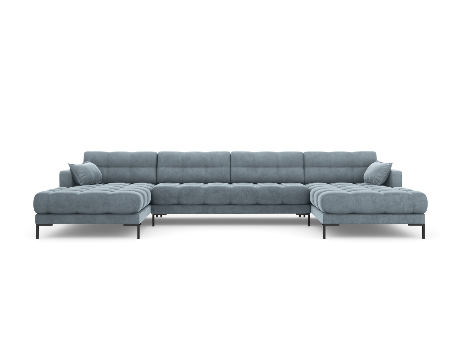 Stilvolles 6-Sitzer Sofa Mamaia aus Velours in sanften Blautönen, perfekt für moderne Wohnzimmer und gesellige Runden.