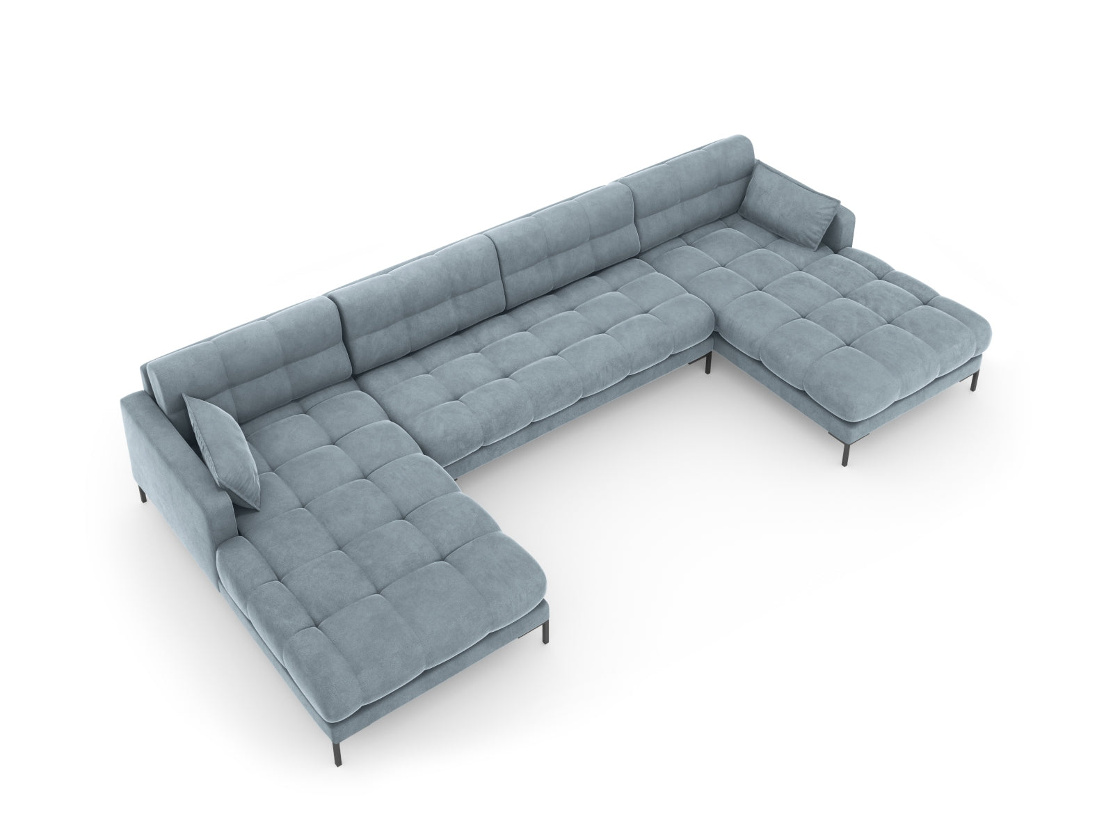Elegantes 6-Sitzer Velours Sofa Mamaia in harmonischen Blautönen, ideal für gemütliche Abende und stilvolle Wohnräume.
