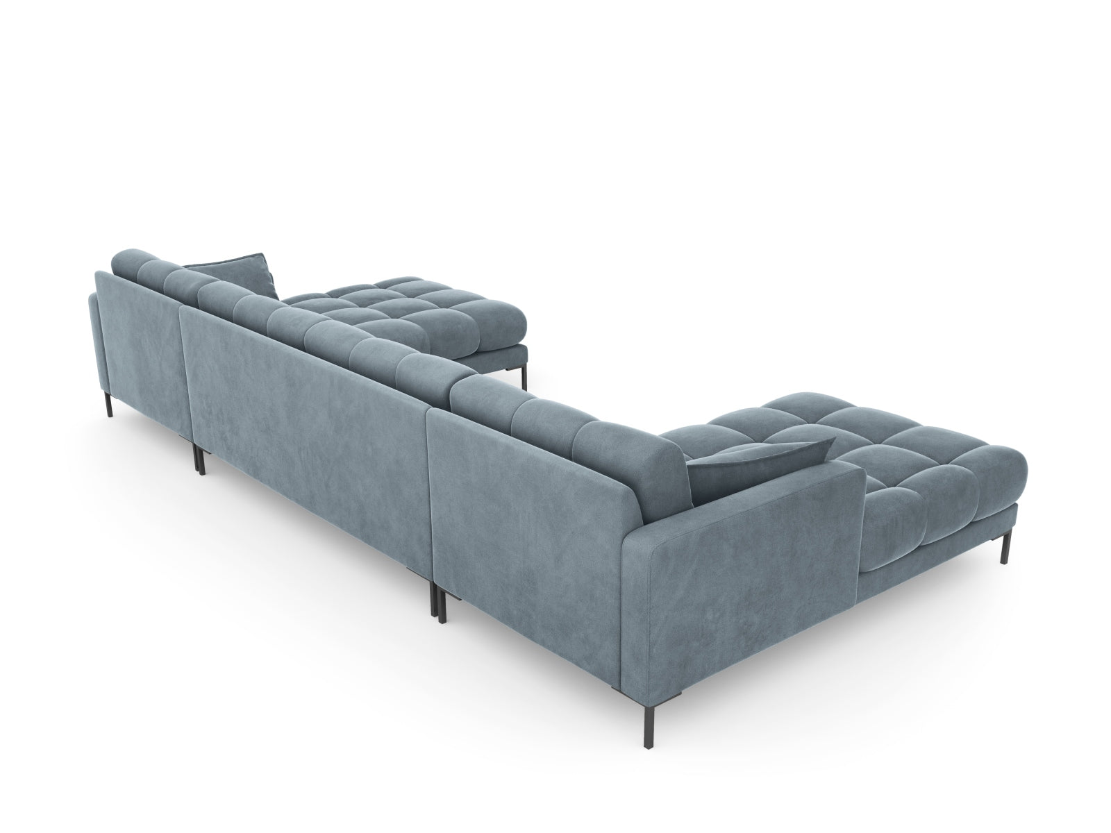 Stilvolles 6-Sitzer Sofa Mamaia aus Velours in sanften Blautönen, perfekt für entspannte Stunden und moderne Wohnkonzepte.