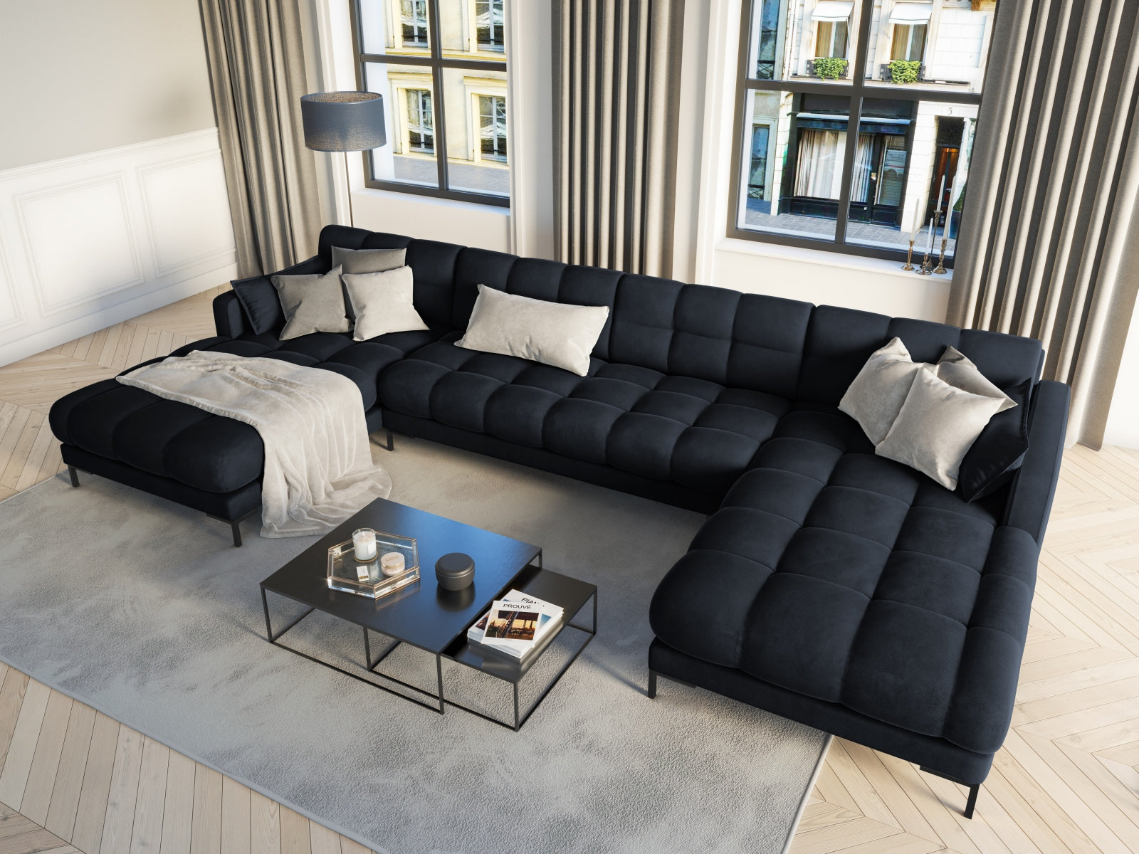 Entdecken Sie das stilvolle Mamaia Velour Panoramic Sofa 6 Sitzer von Micadoni – der perfekte Mittelpunkt für Ihr modernes Wohnzimmer!
