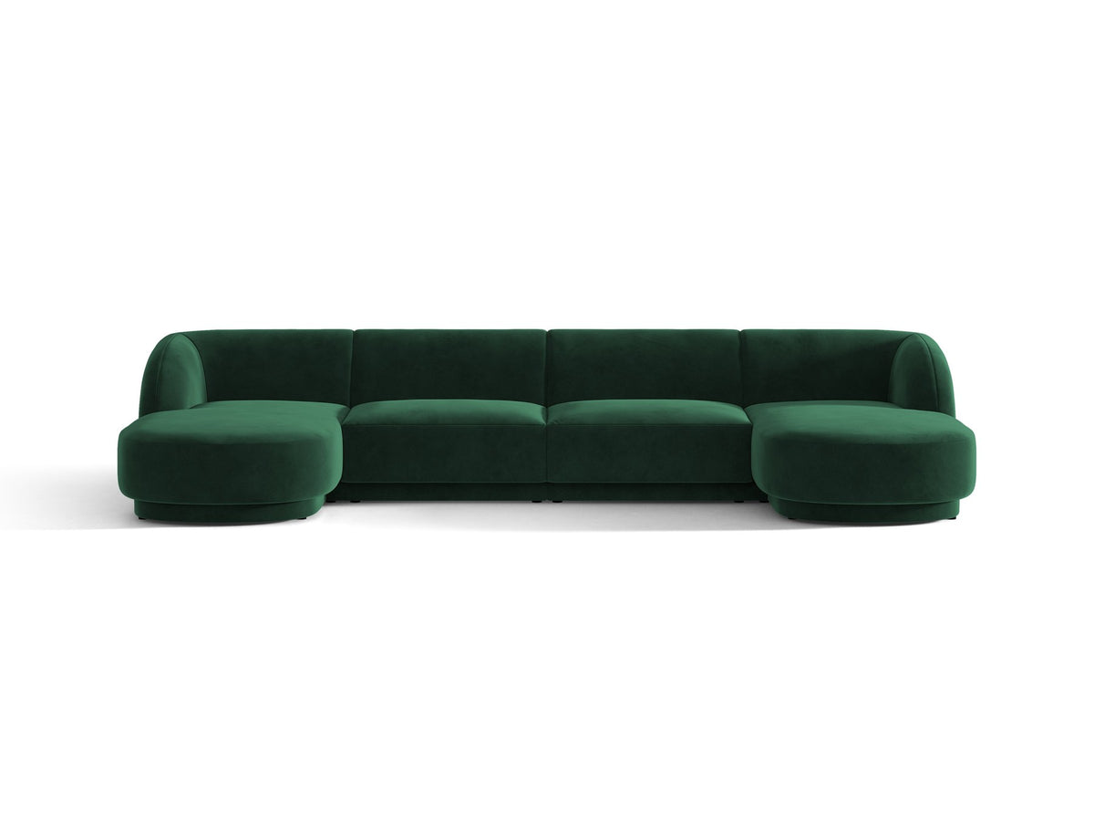 Dunkelbeiges Panorama-Ecksofa Miley von Micadoni mit Bluvel-Stoffbezug, L-Form, schwarzen Kunststoffbeinen und niedriger Rückenlehne.