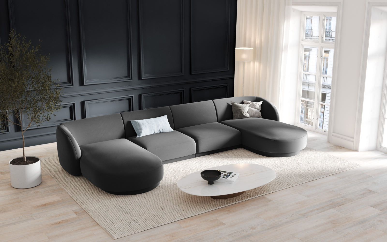 Miley Velour Panoramic Sofa 5 Sitzer in Grey-Bluvel präsentiert im Onlineshop von KAQTU Design AG. 3er Sofa ist von Micadoni