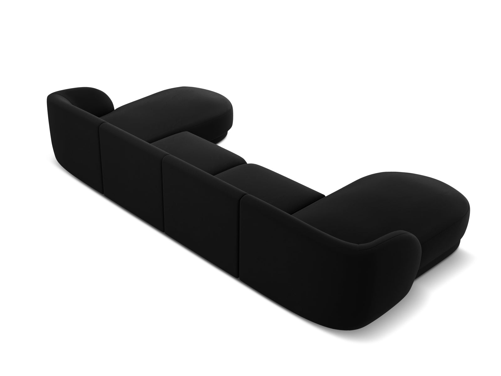 Elegantes 5-Sitzer Miley Velour Panoramic Sofa in Schwarz-Bluvel, ideal für moderne Wohnräume und gemütliche Zusammenkünfte.