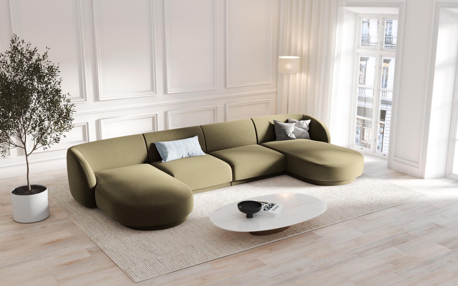 Elegantes Miley Velour Panoramic Sofa in stilvollem Grün-Blau, ideal für moderne Wohnräume. Komfortables 5-Sitzer-Design von Micadoni.