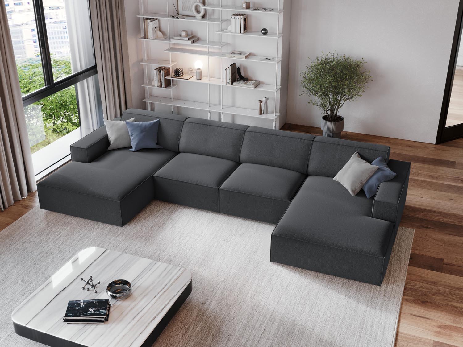 Elegantes, modulares 6-Sitzer Panoramic Sofa Jodie in Dunkelgrau, ideal für stilvolle Wohnräume und gesellige Abende.