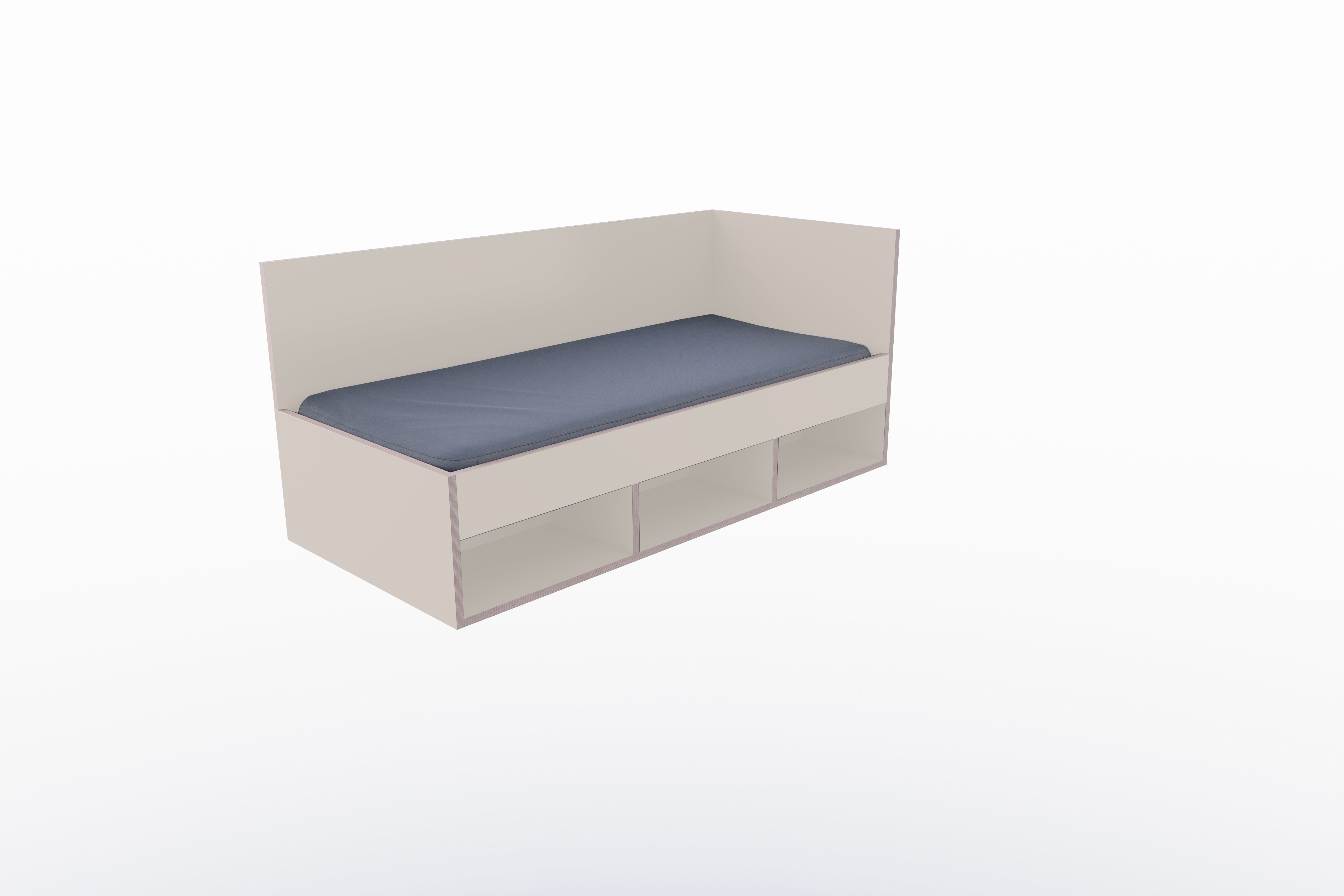 Corner Bett mit offenem Regal 90 x 200 rechts in Kaschmirgrau/Multiplexkante präsentiert im Onlineshop von KAQTU Design AG. Bett ist von Müller Möbelwerkstätten