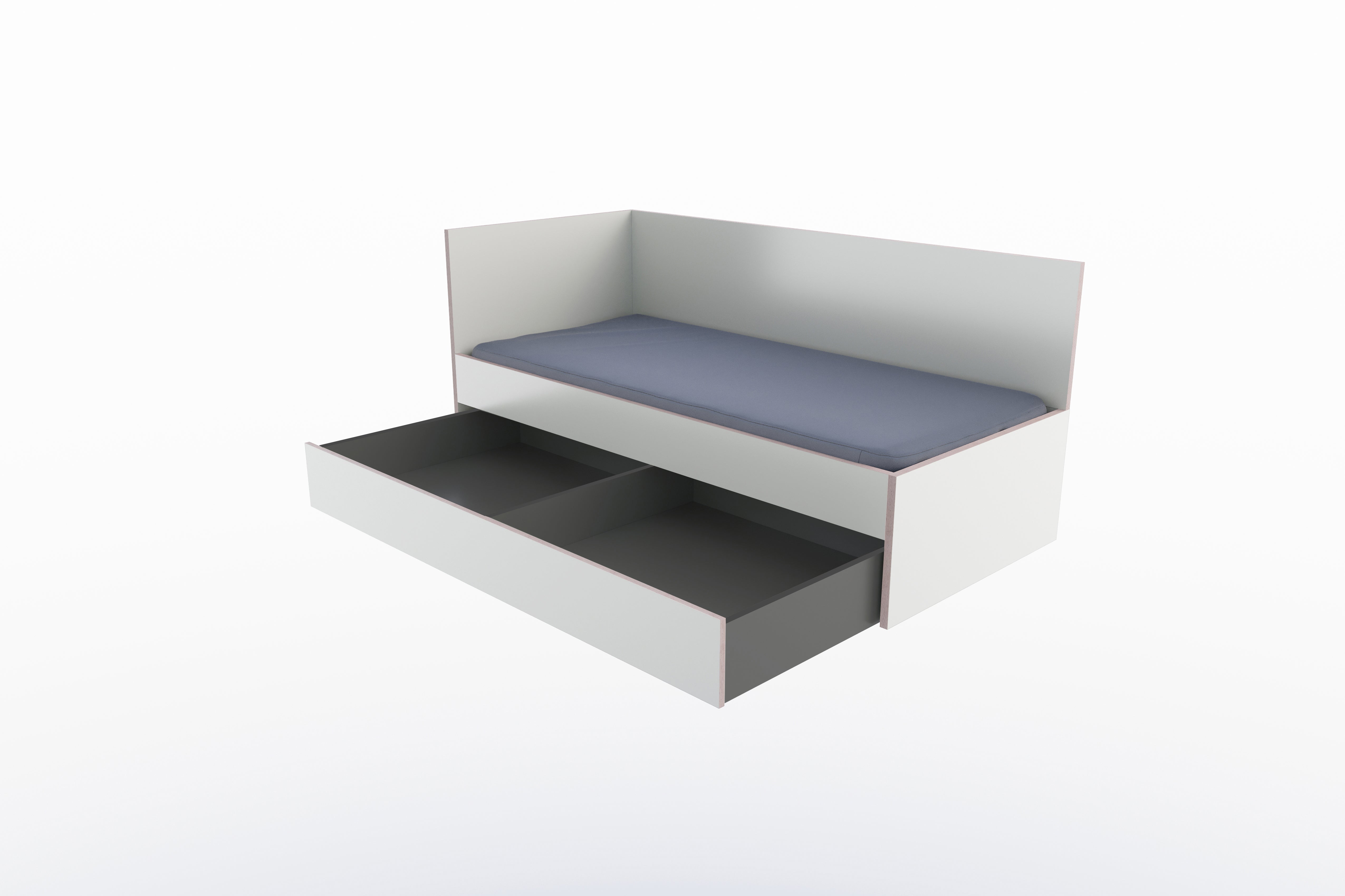 Corner Bett mit Auszug auf Rollen 90 x 200 links in Weiss/Multiplexkante präsentiert im Onlineshop von KAQTU Design AG. Bett ist von Müller Möbelwerkstätten