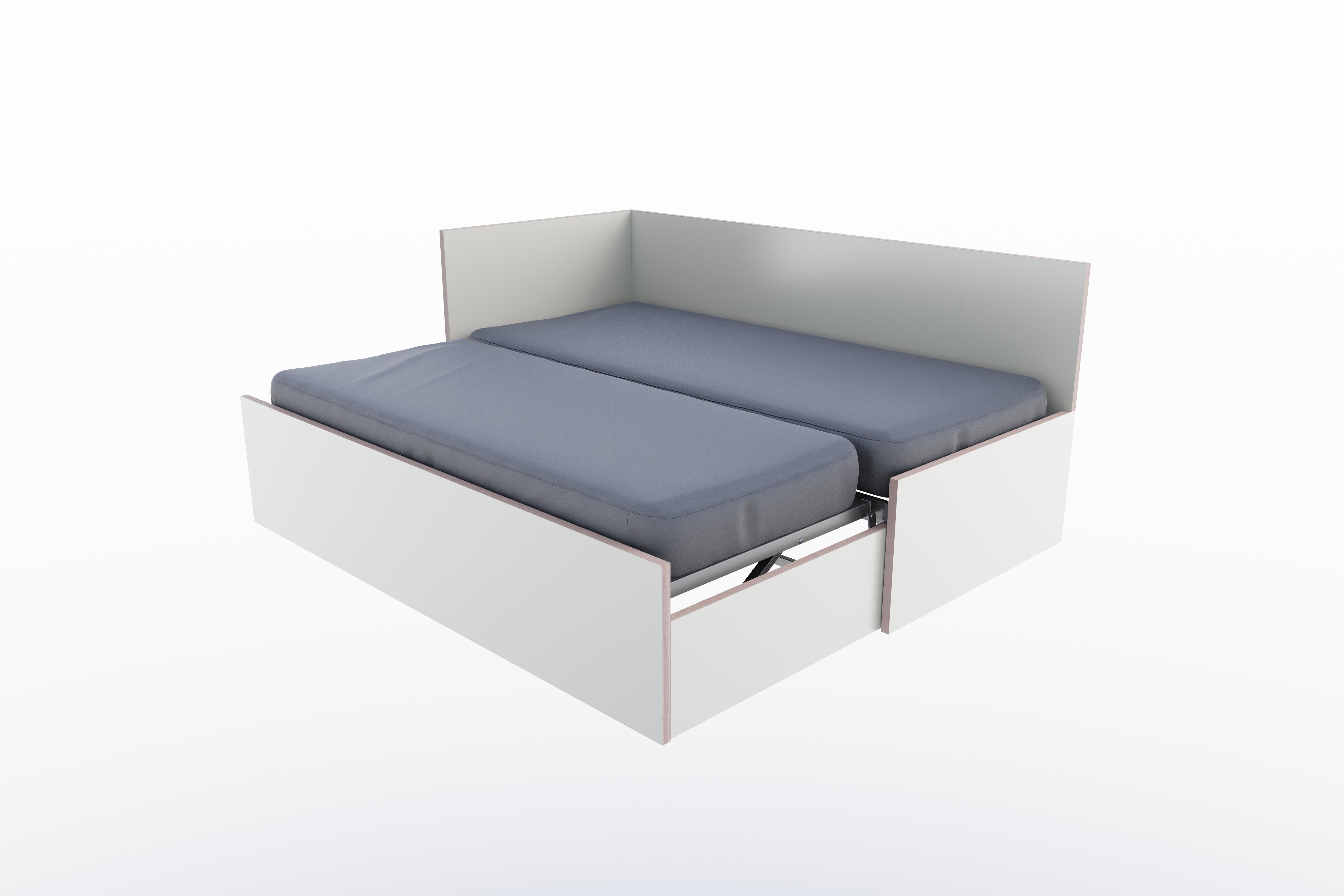 Corner Bett mit ausziehbarer Liegefläche, höhengleich 90 x 200 links in Weiss/Multiplexkante präsentiert im Onlineshop von KAQTU Design AG. Bett ist von Müller Möbelwerkstätten