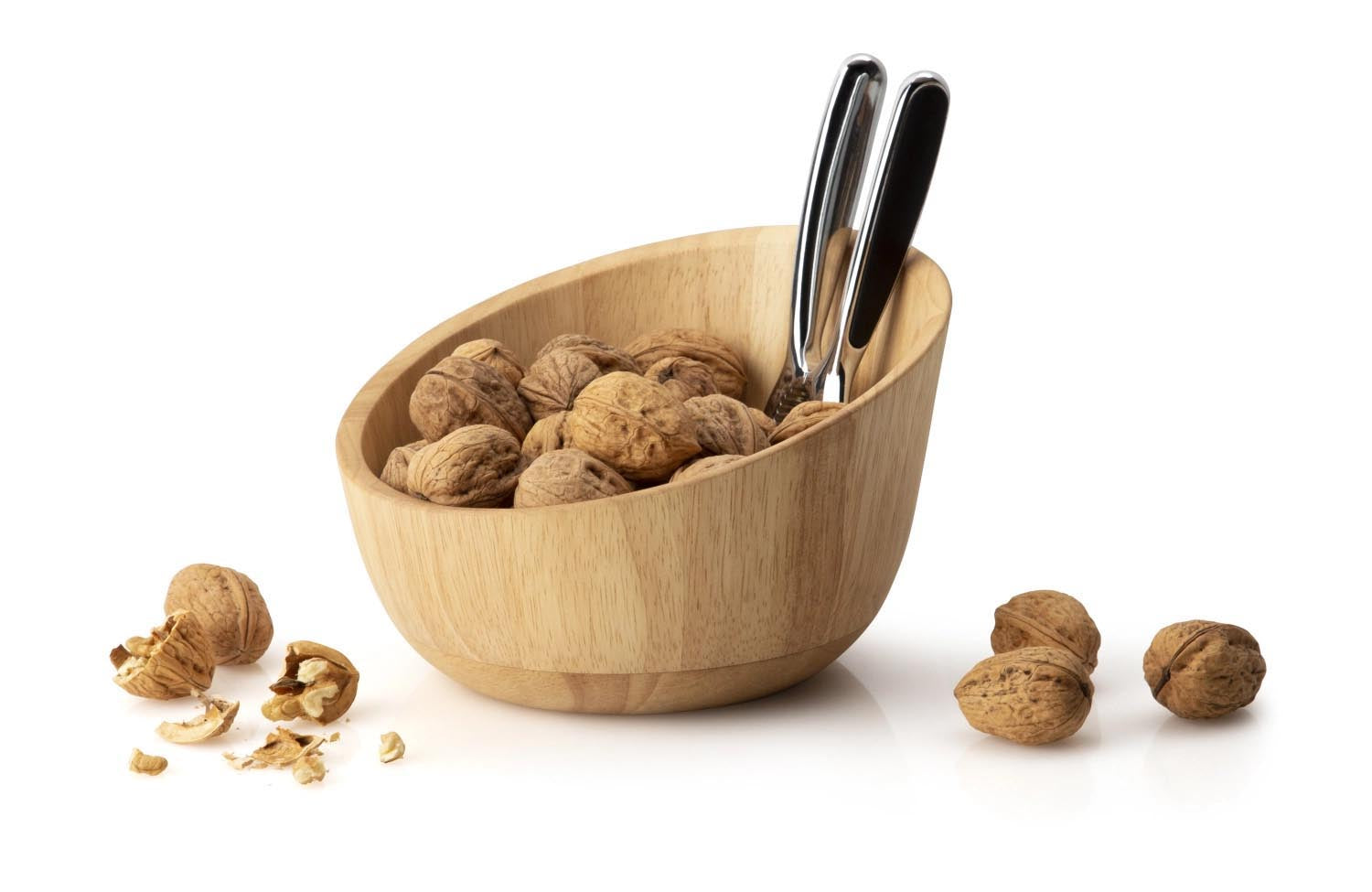 Elegante Nussschale aus Gummibaumholz mit integriertem Nussknacker, ideal für stilvolles Servieren und Knacken von Nüssen.