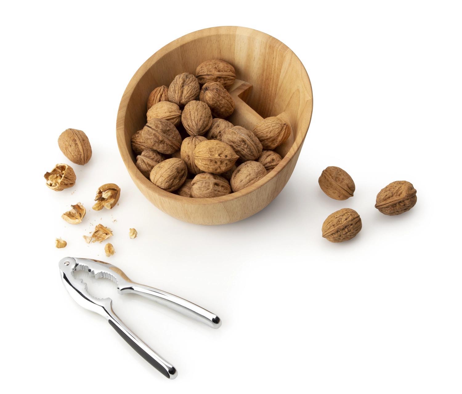 Elegante Nussschale aus Gummibaumholz mit integriertem Knacker, ideal zum Servieren und Knacken von Nüssen.